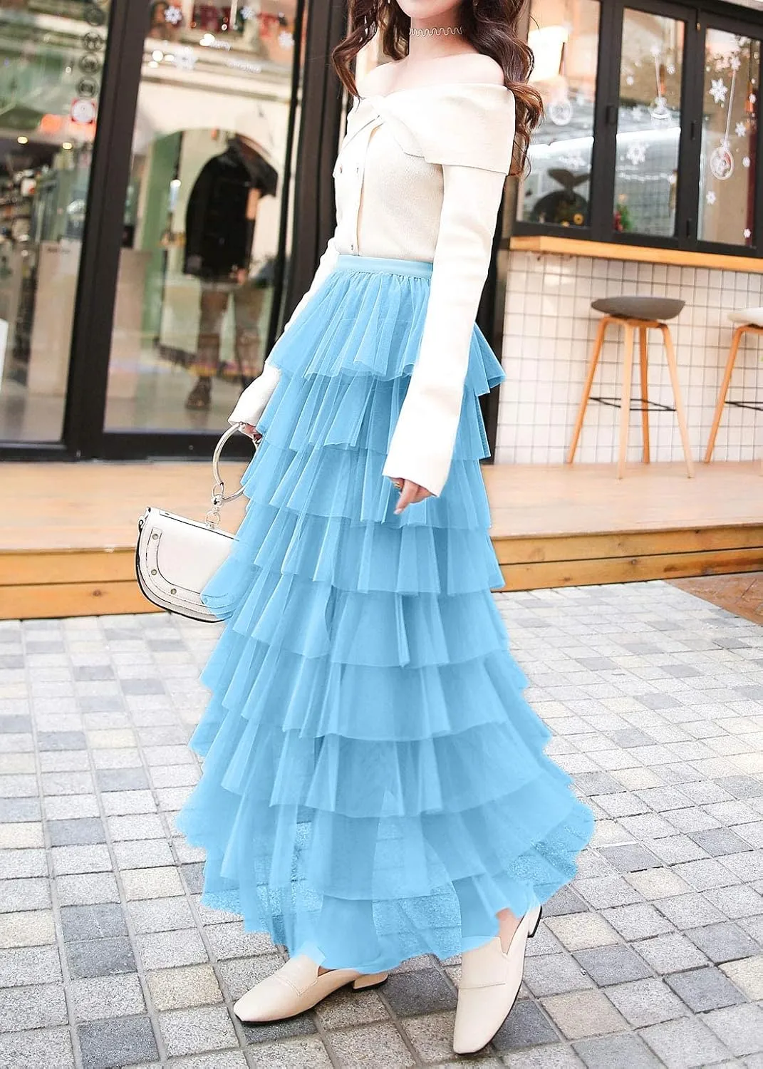 ebossy Women's Sweet Elastic Waist Tulle Layered Ruffles Mesh Long Tiered Skirt