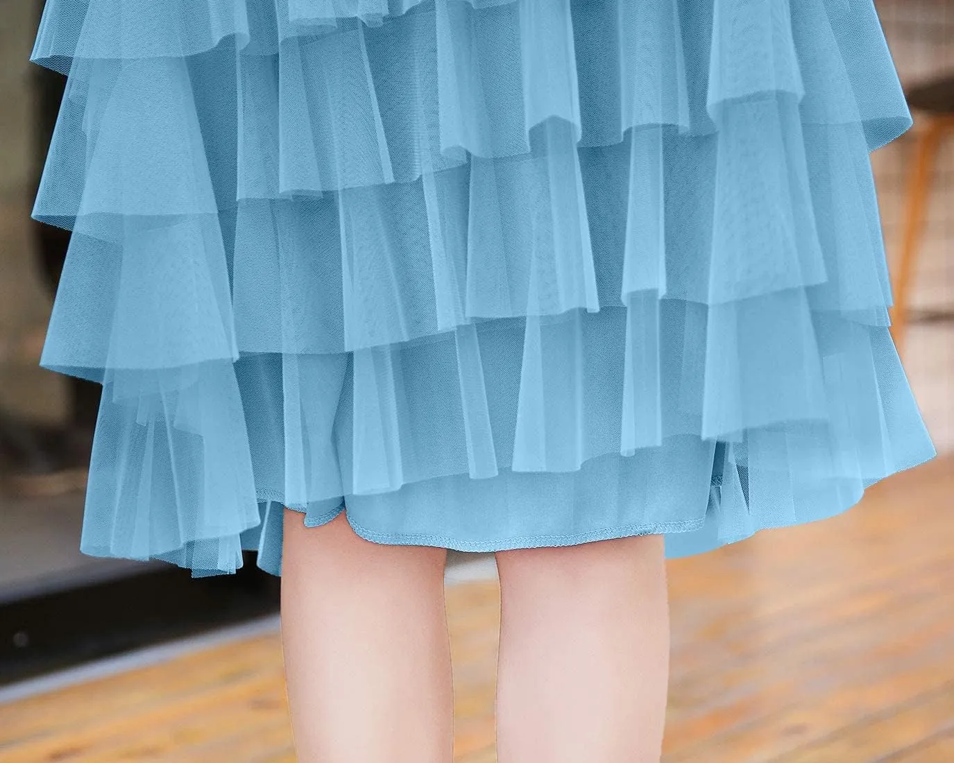 ebossy Women's Sweet Elastic Waist Tulle Layered Ruffles Mesh Long Tiered Skirt