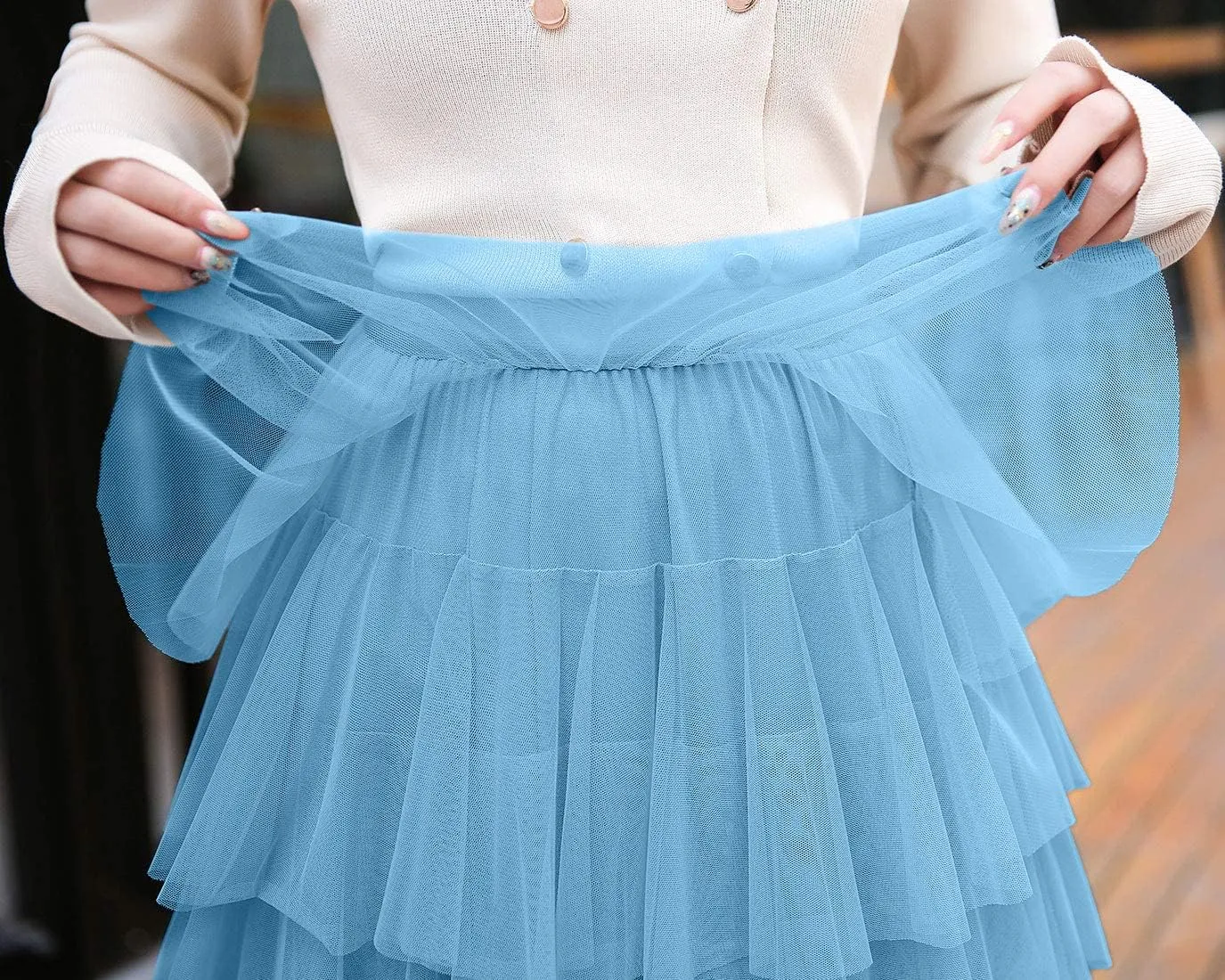 ebossy Women's Sweet Elastic Waist Tulle Layered Ruffles Mesh Long Tiered Skirt