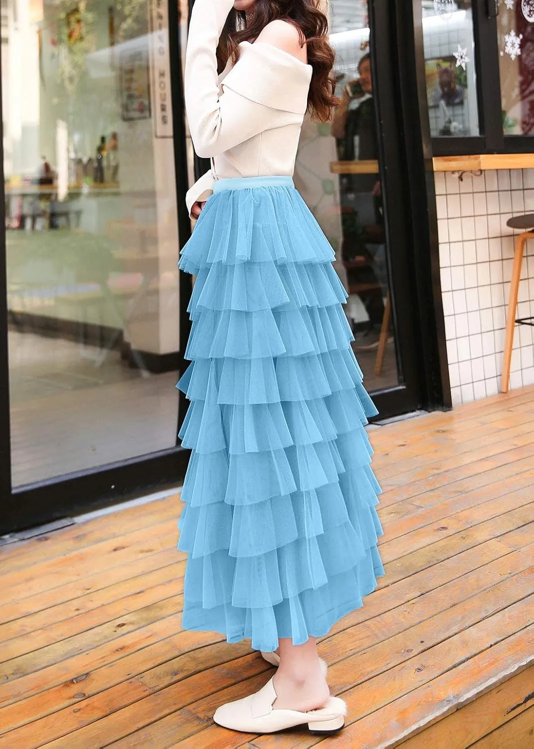 ebossy Women's Sweet Elastic Waist Tulle Layered Ruffles Mesh Long Tiered Skirt