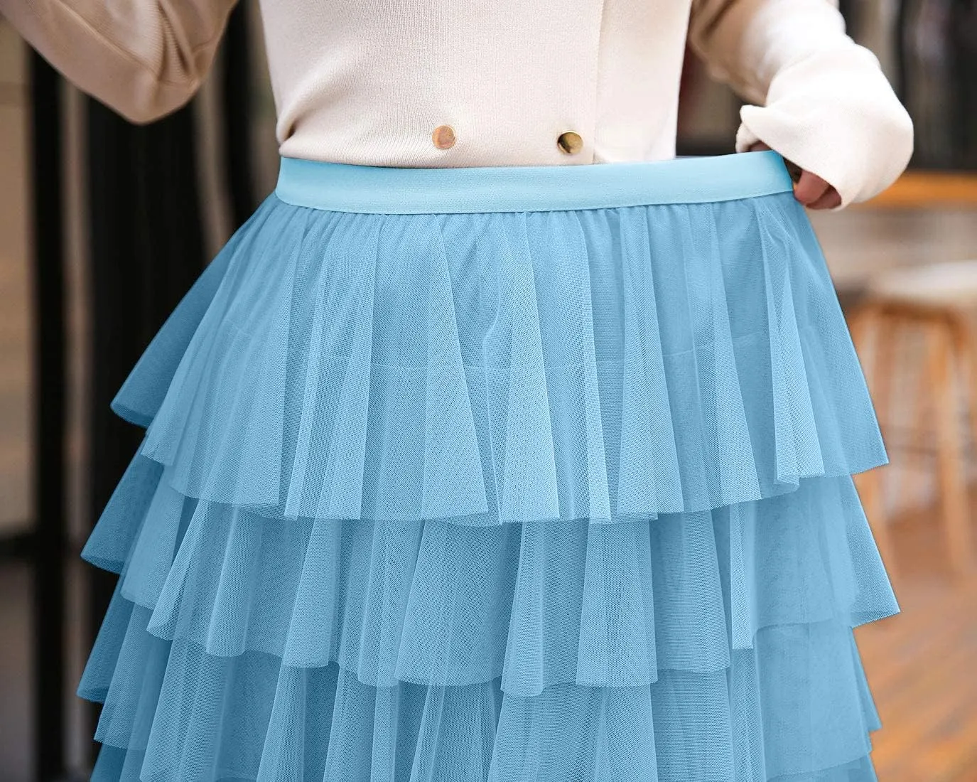 ebossy Women's Sweet Elastic Waist Tulle Layered Ruffles Mesh Long Tiered Skirt