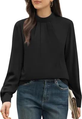 Funlingo Women's Long Sleeve Tops Dressy Casual Mock Neck Work Blouse Fall Trendy Front Pleated Tunic Chiffon Shirts