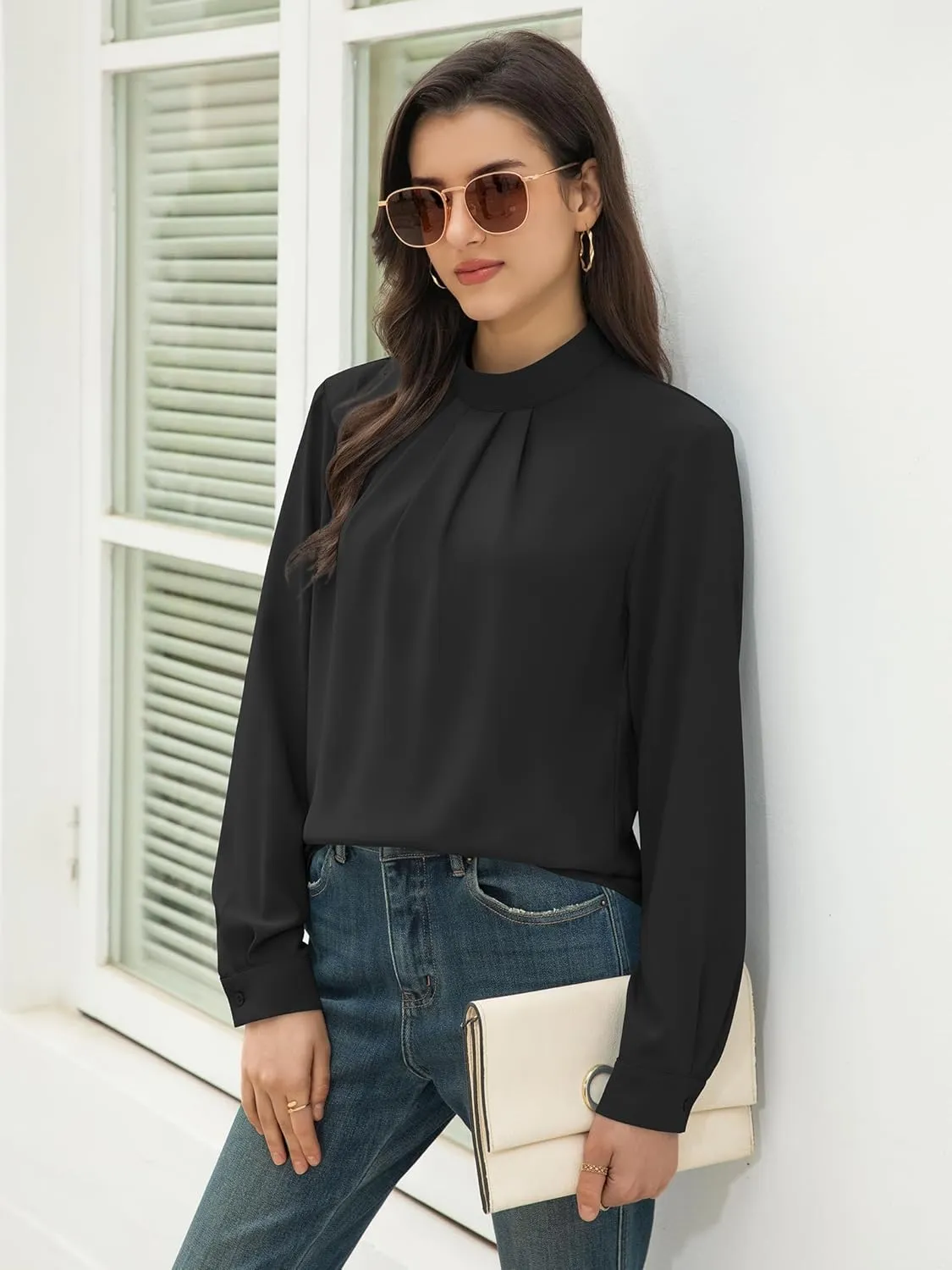 Funlingo Women's Long Sleeve Tops Dressy Casual Mock Neck Work Blouse Fall Trendy Front Pleated Tunic Chiffon Shirts