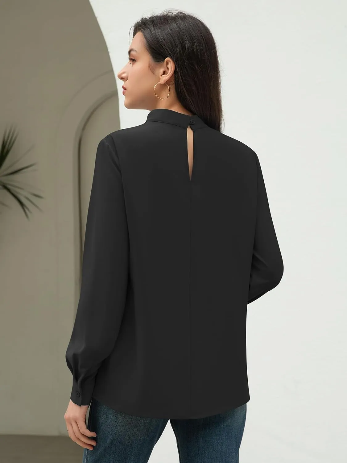Funlingo Women's Long Sleeve Tops Dressy Casual Mock Neck Work Blouse Fall Trendy Front Pleated Tunic Chiffon Shirts