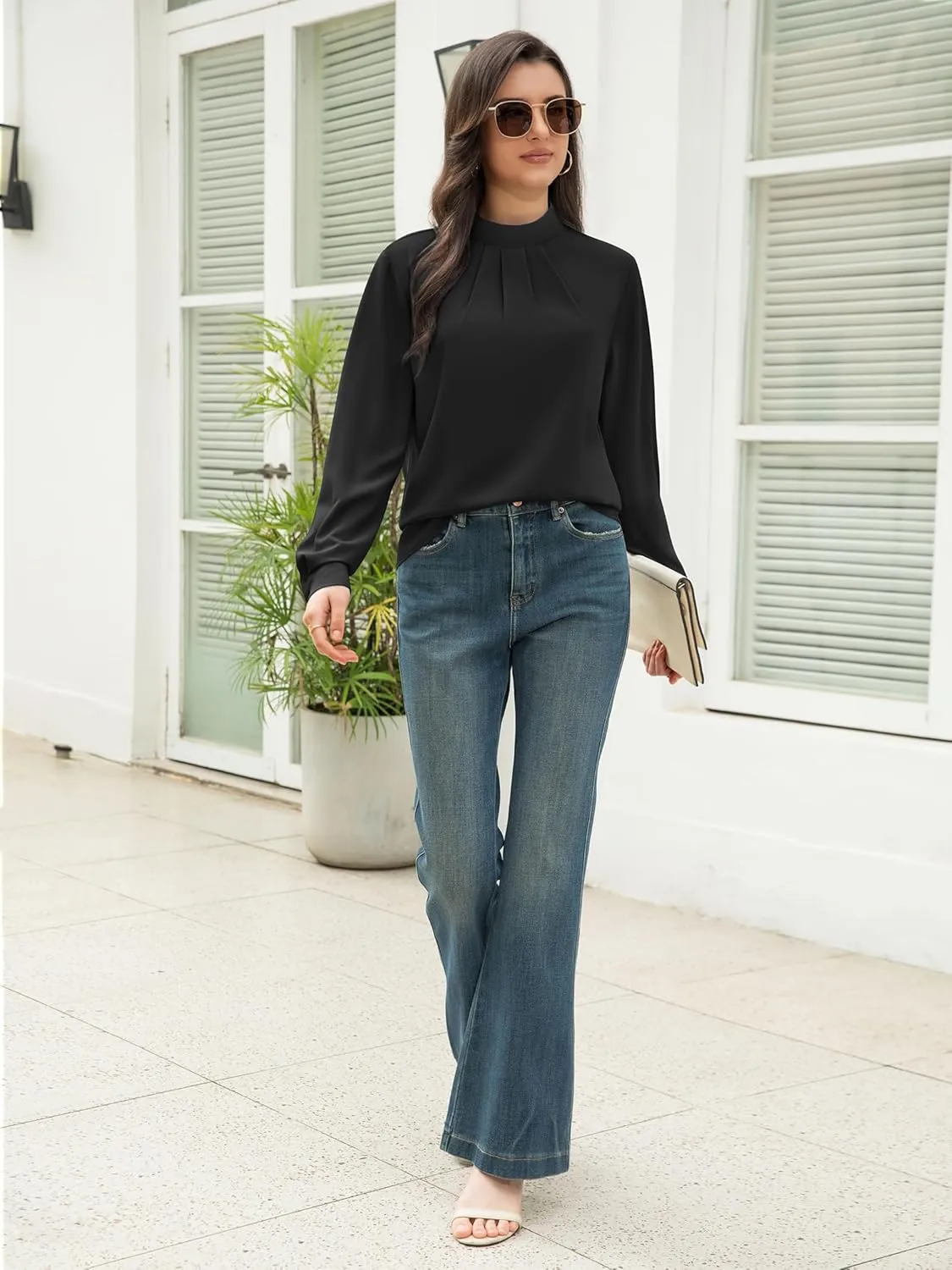 Funlingo Women's Long Sleeve Tops Dressy Casual Mock Neck Work Blouse Fall Trendy Front Pleated Tunic Chiffon Shirts