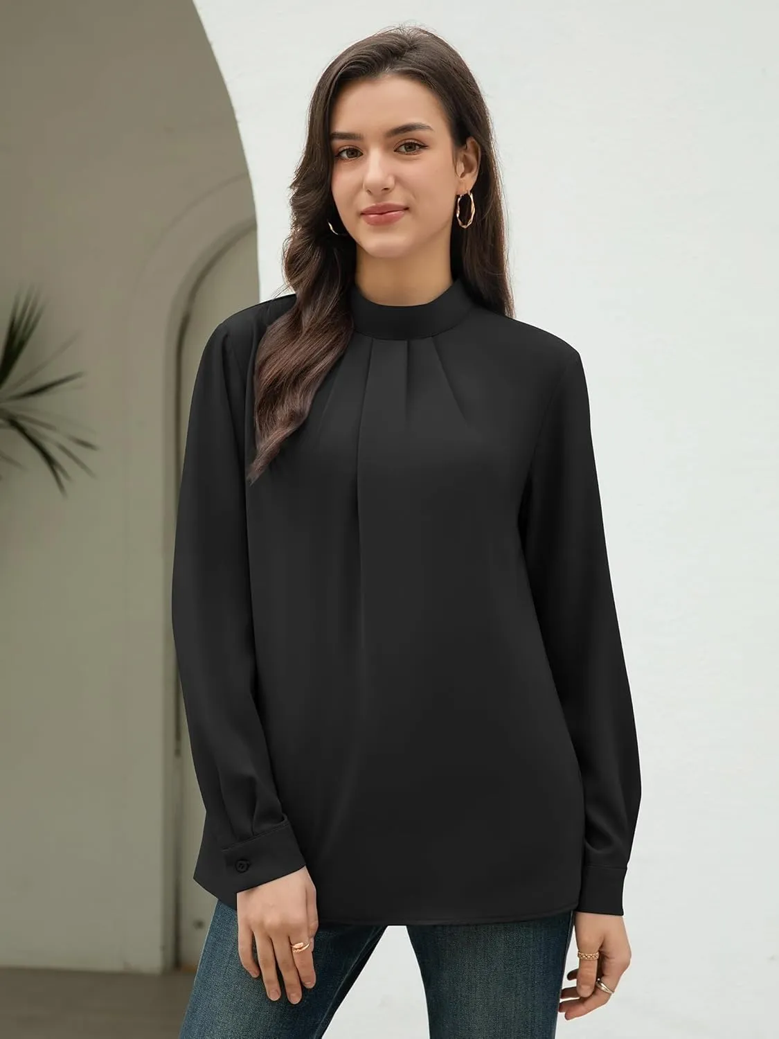 Funlingo Women's Long Sleeve Tops Dressy Casual Mock Neck Work Blouse Fall Trendy Front Pleated Tunic Chiffon Shirts