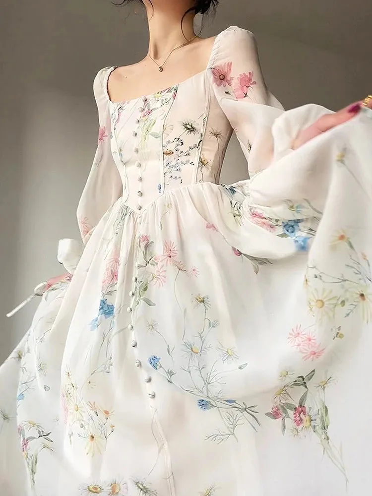 Girlary French Elegant Floral Midi Dress Chiffon Long Sleeve Evening Party Dress Woman Beach Fairy One Piece Dress Korean 2024 Summer