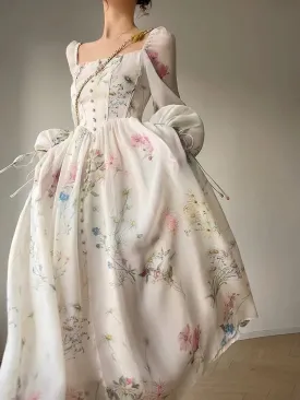 Girlary French Elegant Floral Midi Dress Chiffon Long Sleeve Evening Party Dress Woman Beach Fairy One Piece Dress Korean 2024 Summer