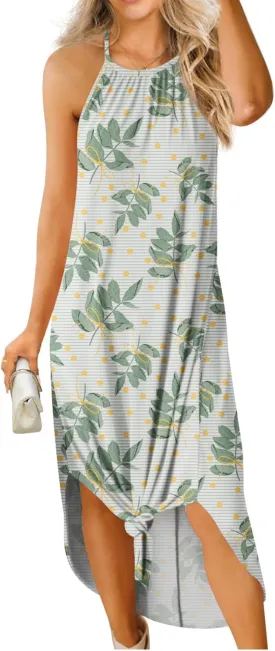 GRECERELLE Women's Summer Casual Loose Sundress Halter/U-Neck Sleeveless Side Slit Long Maxi Dress