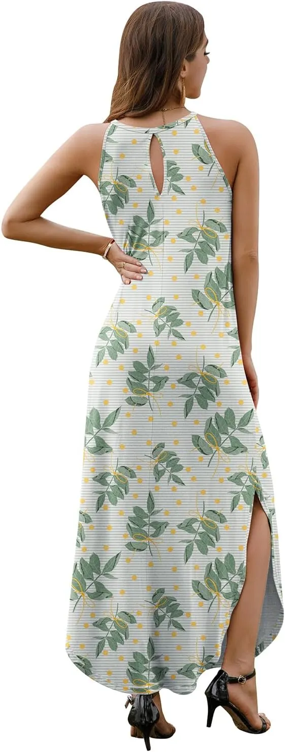 GRECERELLE Women's Summer Casual Loose Sundress Halter/U-Neck Sleeveless Side Slit Long Maxi Dress