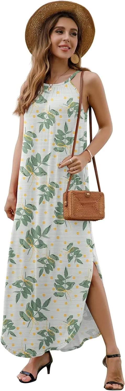 GRECERELLE Women's Summer Casual Loose Sundress Halter/U-Neck Sleeveless Side Slit Long Maxi Dress