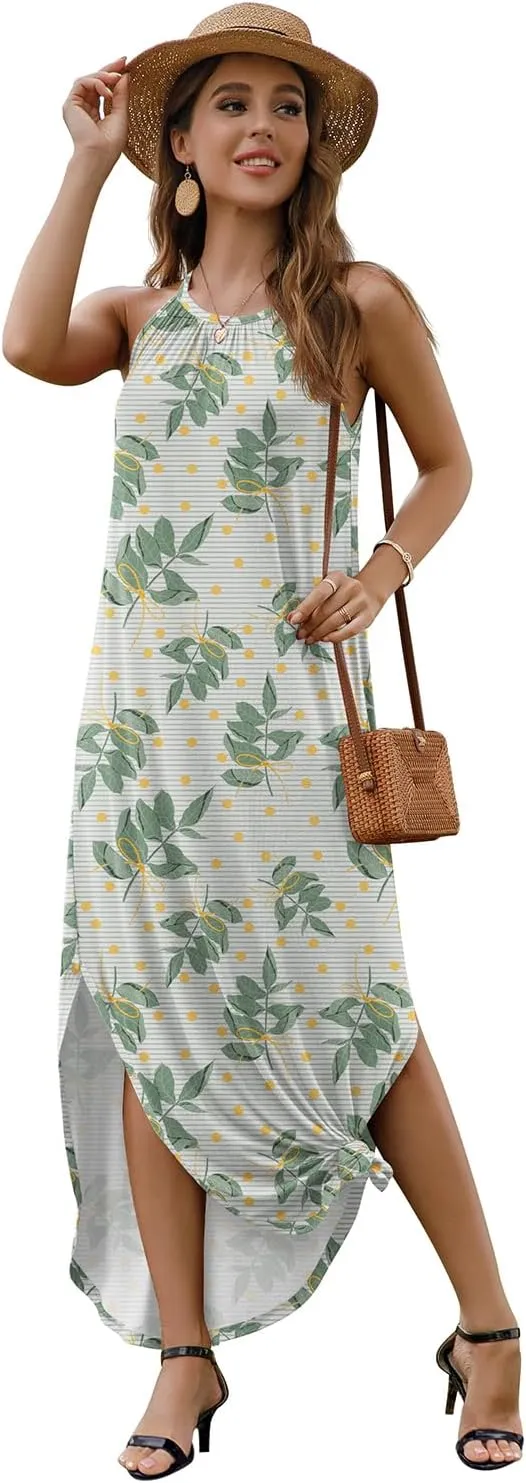 GRECERELLE Women's Summer Casual Loose Sundress Halter/U-Neck Sleeveless Side Slit Long Maxi Dress
