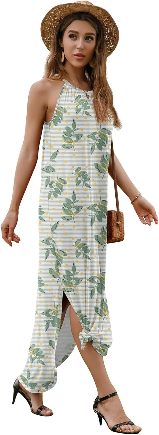 GRECERELLE Women's Summer Casual Loose Sundress Halter/U-Neck Sleeveless Side Slit Long Maxi Dress