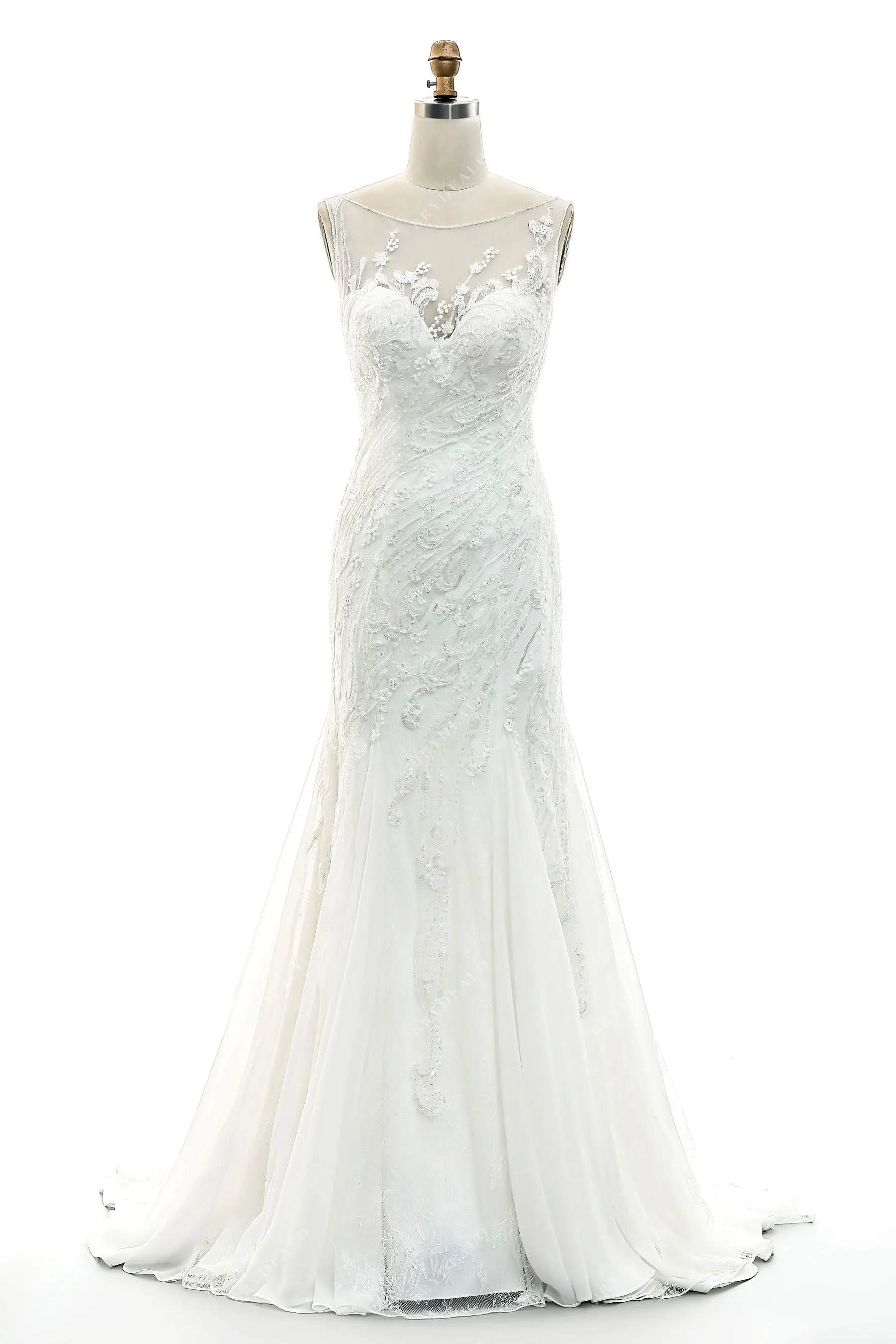 Illusion Bateau Neck Chiffon Mermaid Garden Bridal Gown