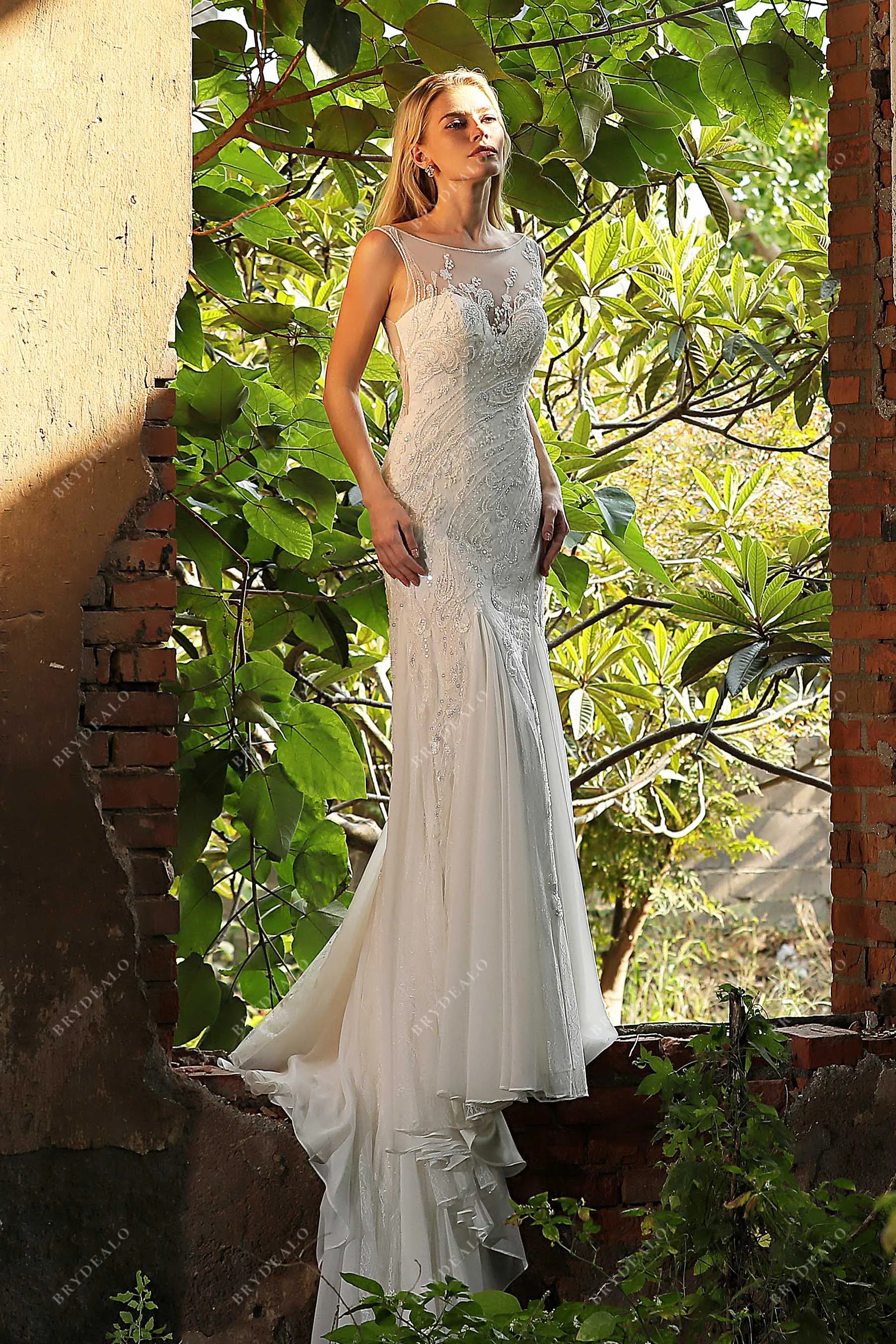Illusion Bateau Neck Chiffon Mermaid Garden Bridal Gown