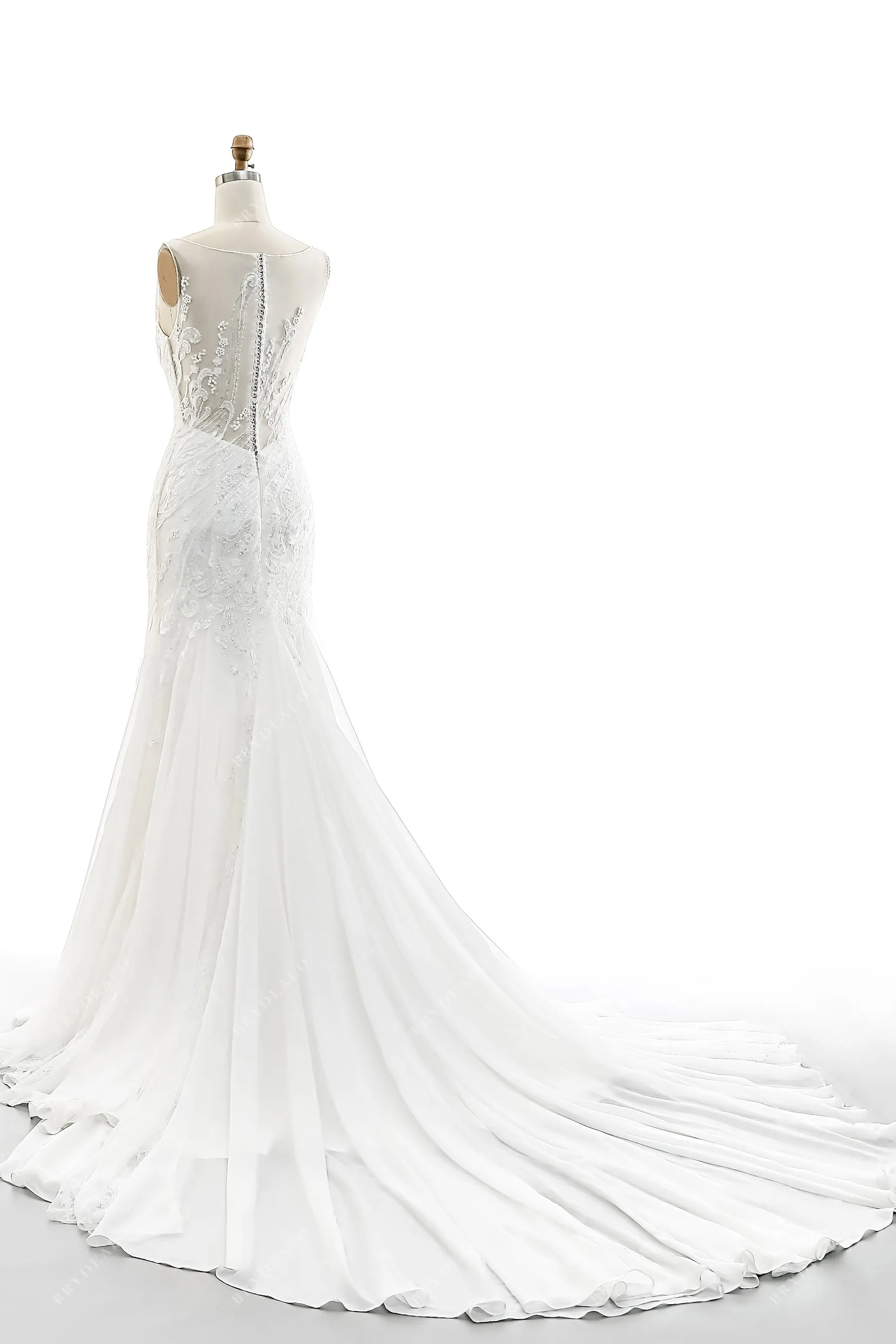 Illusion Bateau Neck Chiffon Mermaid Garden Bridal Gown