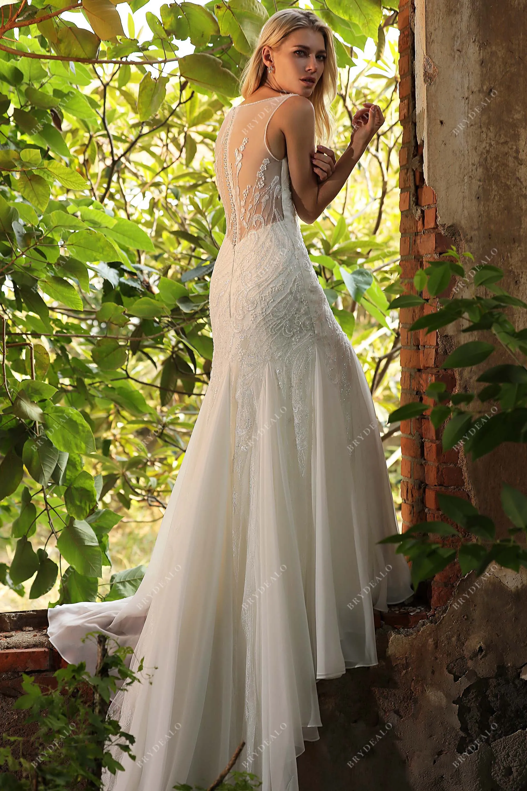 Illusion Bateau Neck Chiffon Mermaid Garden Bridal Gown