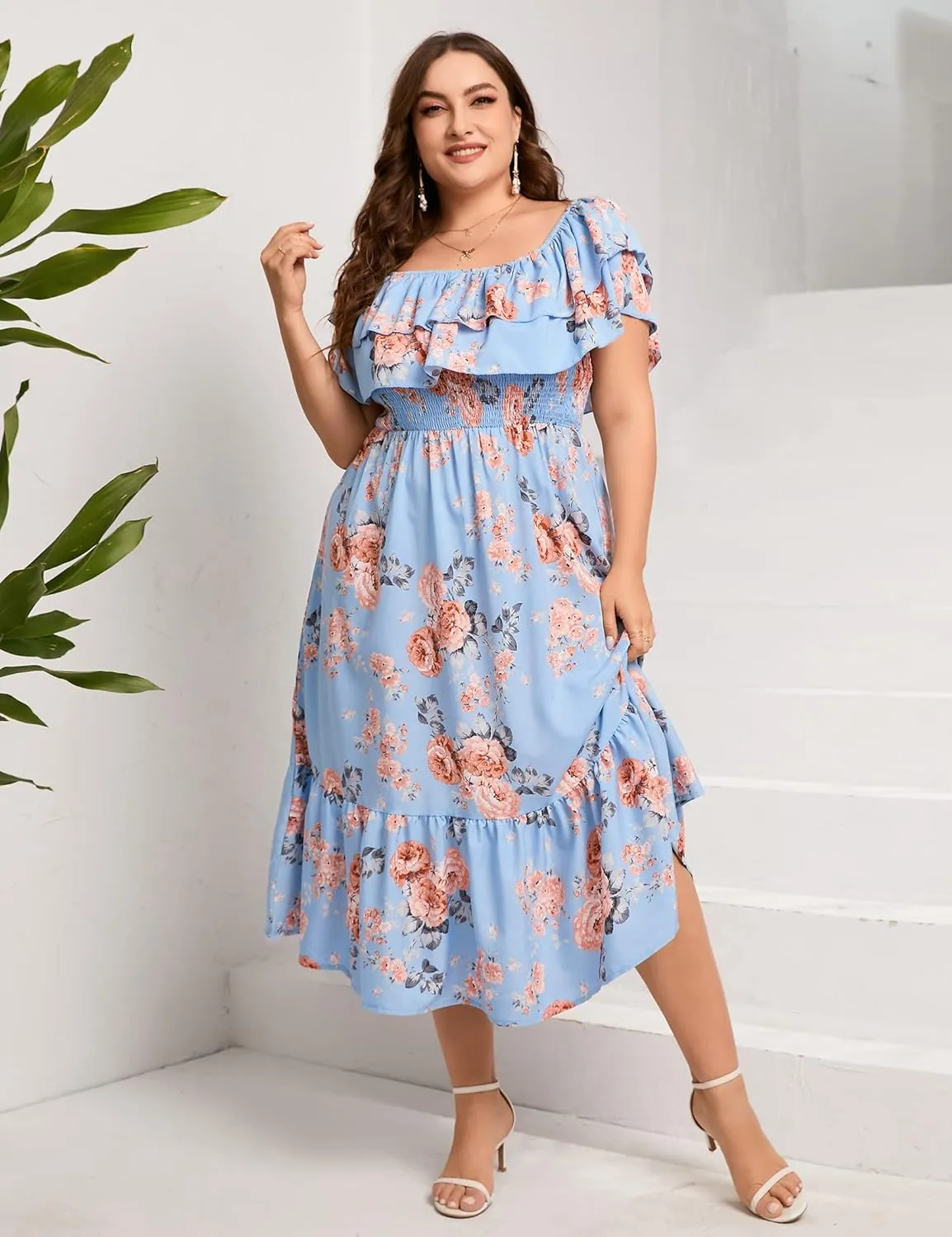 KOJOOIN Women Plus Size Off Shoulder Maxi Dress Ruffle Flowy Casual Summer Boho Long Dresses