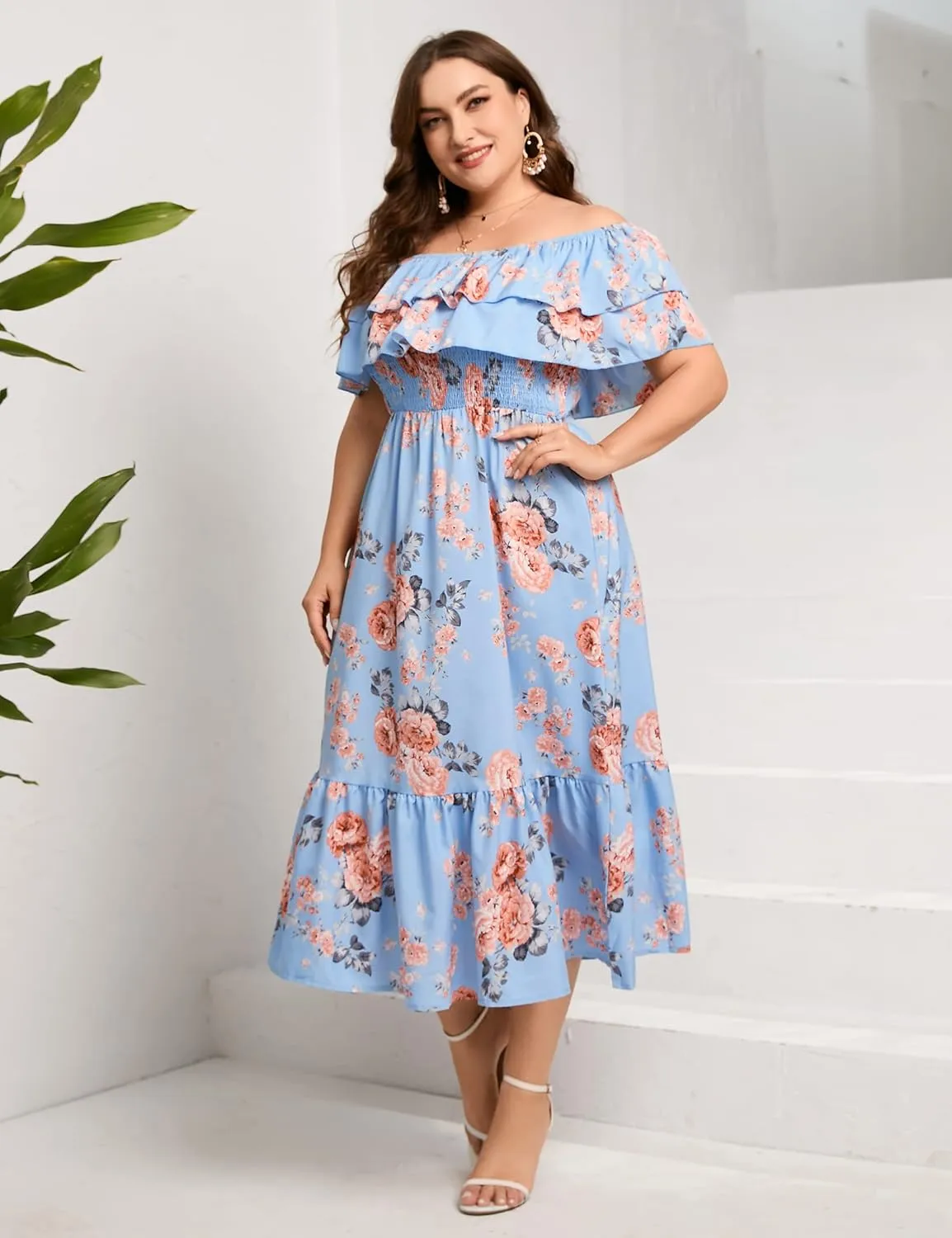 KOJOOIN Women Plus Size Off Shoulder Maxi Dress Ruffle Flowy Casual Summer Boho Long Dresses
