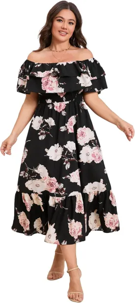 KOJOOIN Women Plus Size Off Shoulder Maxi Dress Ruffle Flowy Casual Summer Boho Long Dresses