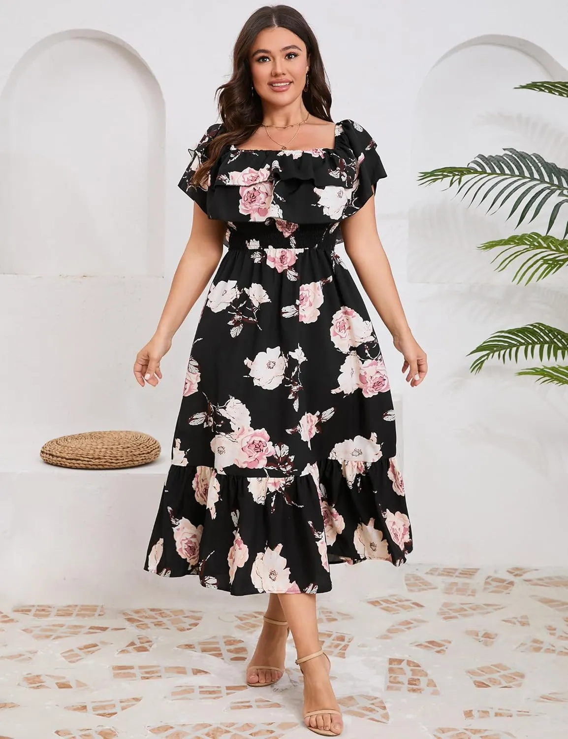 KOJOOIN Women Plus Size Off Shoulder Maxi Dress Ruffle Flowy Casual Summer Boho Long Dresses