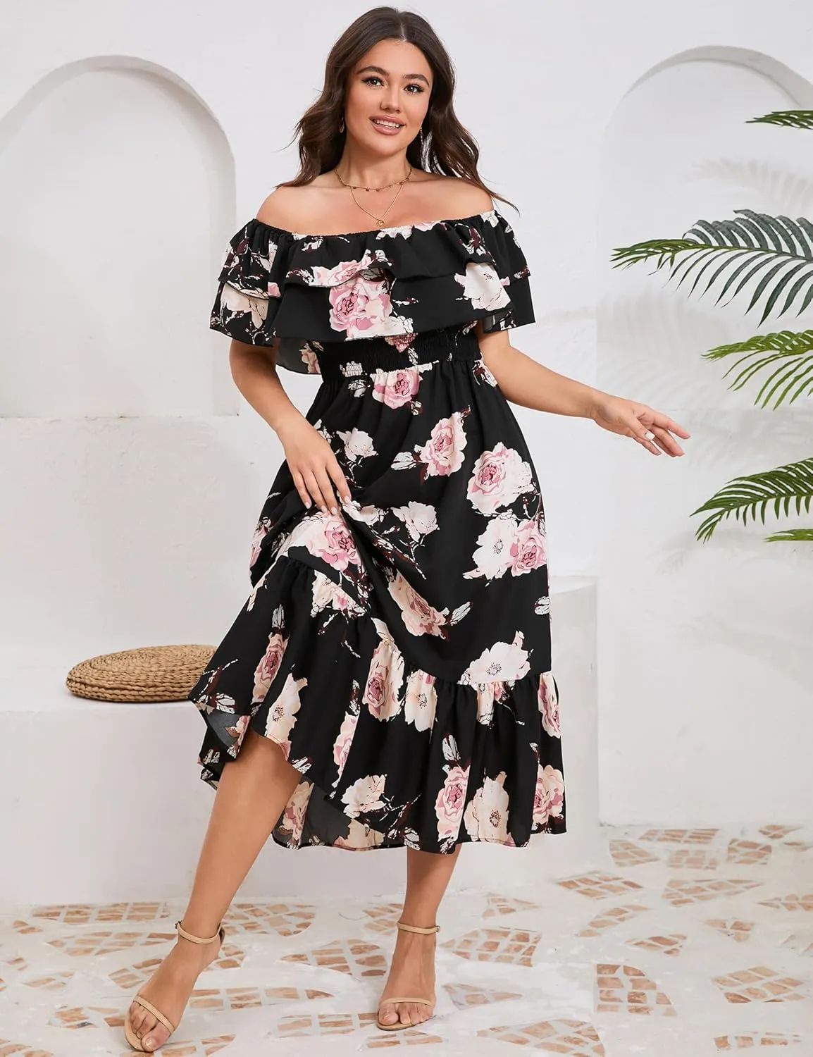 KOJOOIN Women Plus Size Off Shoulder Maxi Dress Ruffle Flowy Casual Summer Boho Long Dresses