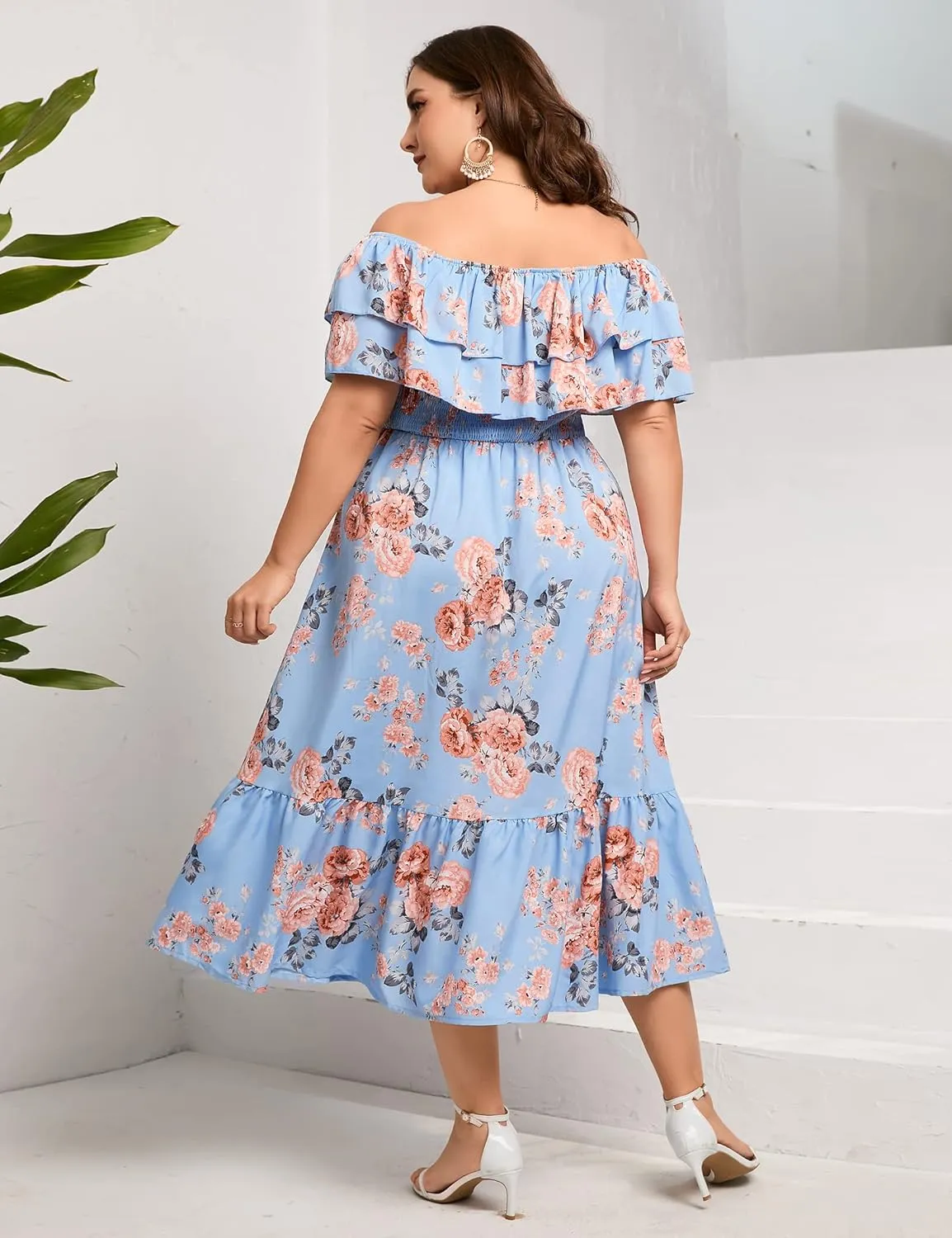 KOJOOIN Women Plus Size Off Shoulder Maxi Dress Ruffle Flowy Casual Summer Boho Long Dresses
