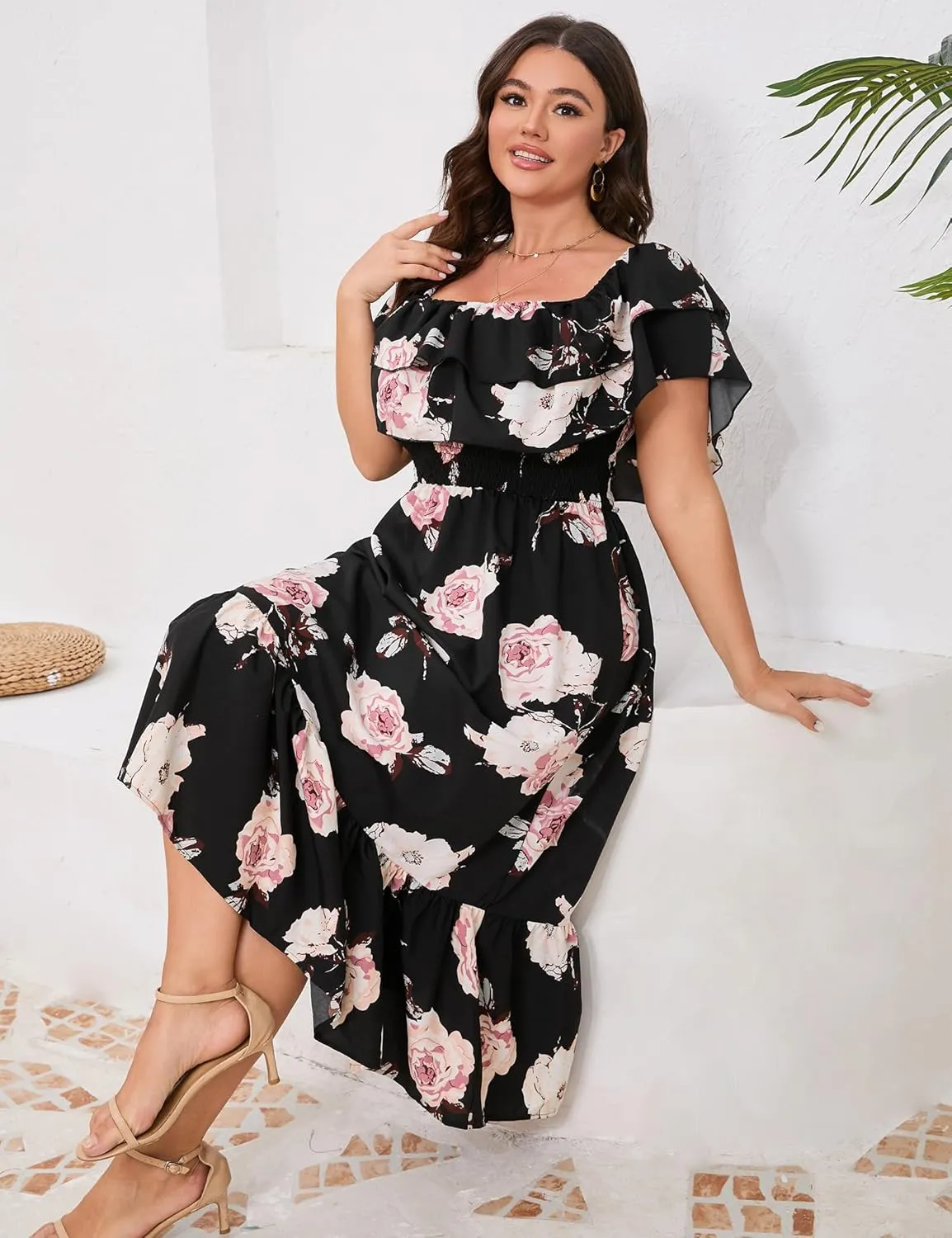 KOJOOIN Women Plus Size Off Shoulder Maxi Dress Ruffle Flowy Casual Summer Boho Long Dresses