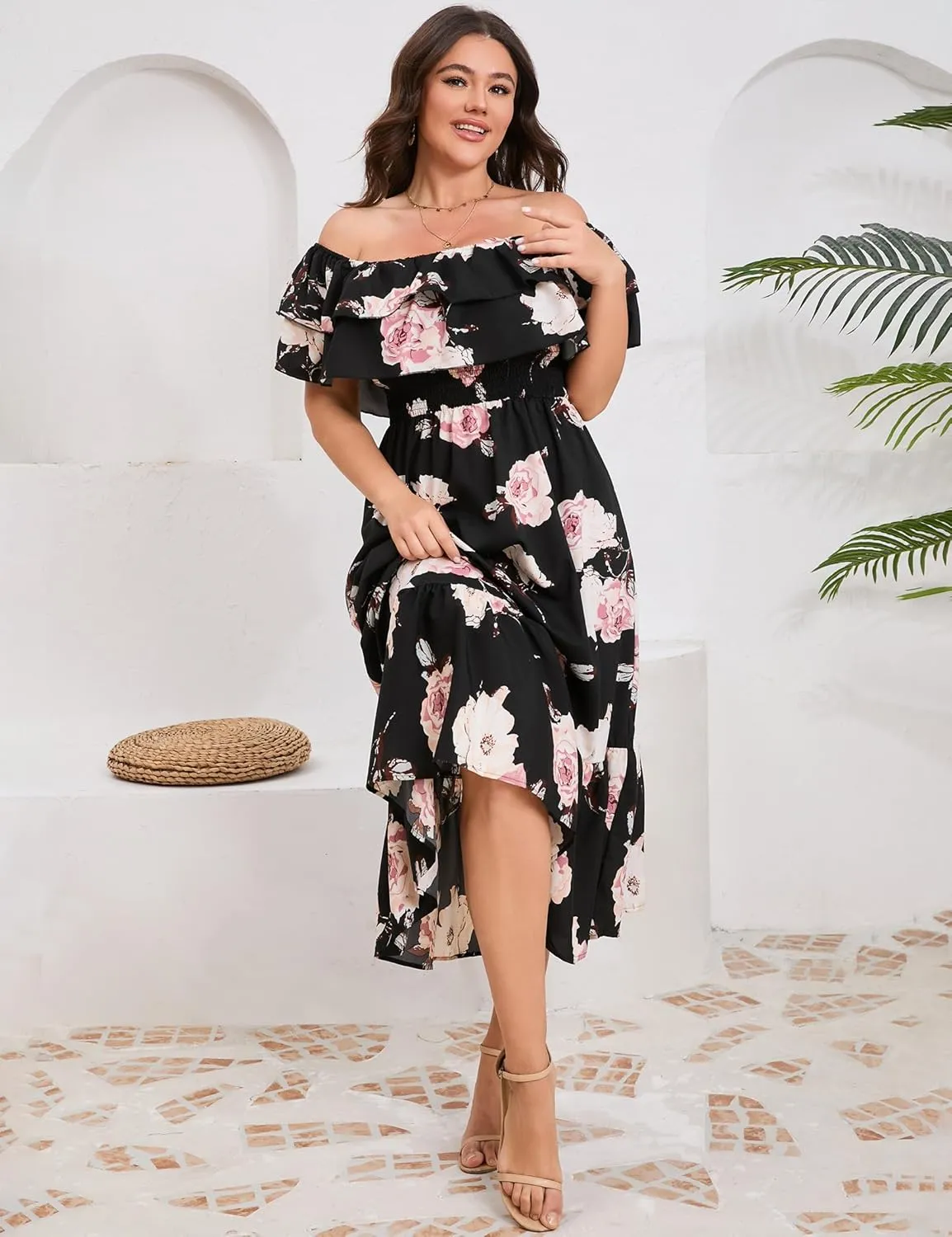 KOJOOIN Women Plus Size Off Shoulder Maxi Dress Ruffle Flowy Casual Summer Boho Long Dresses