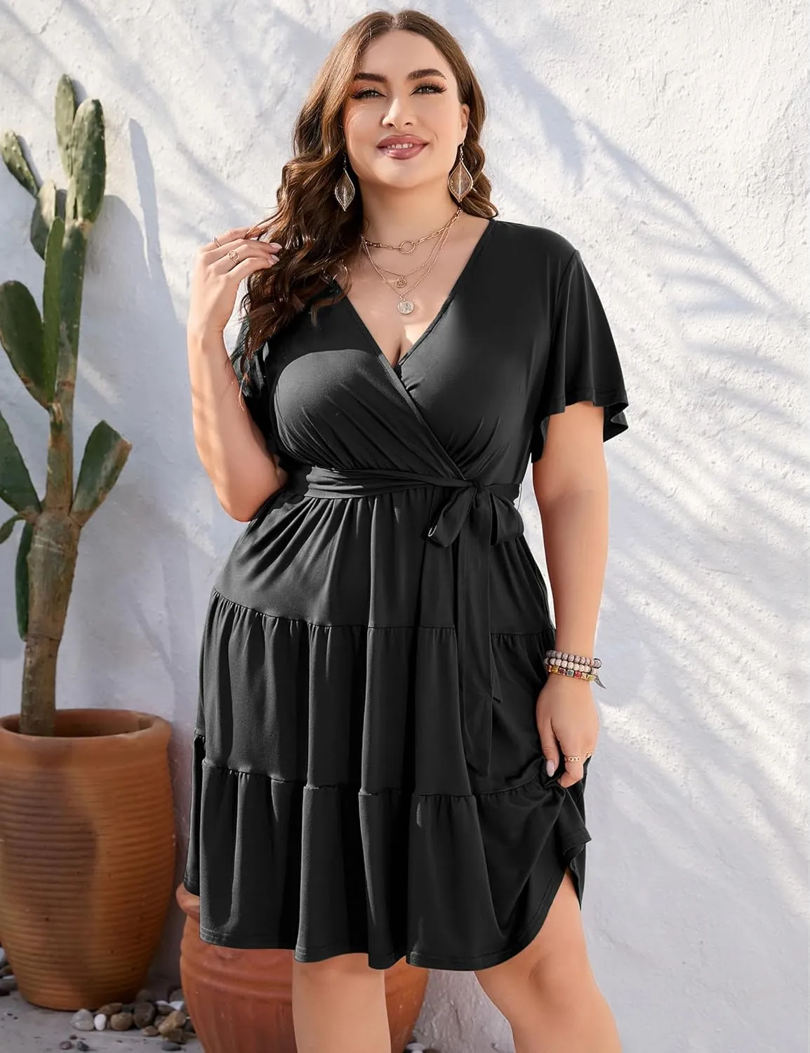 KOJOOIN Women Plus Size V Neck Wrap Dress High Waisted Short Sleeves Summer Casual Midi Dress with Belt
