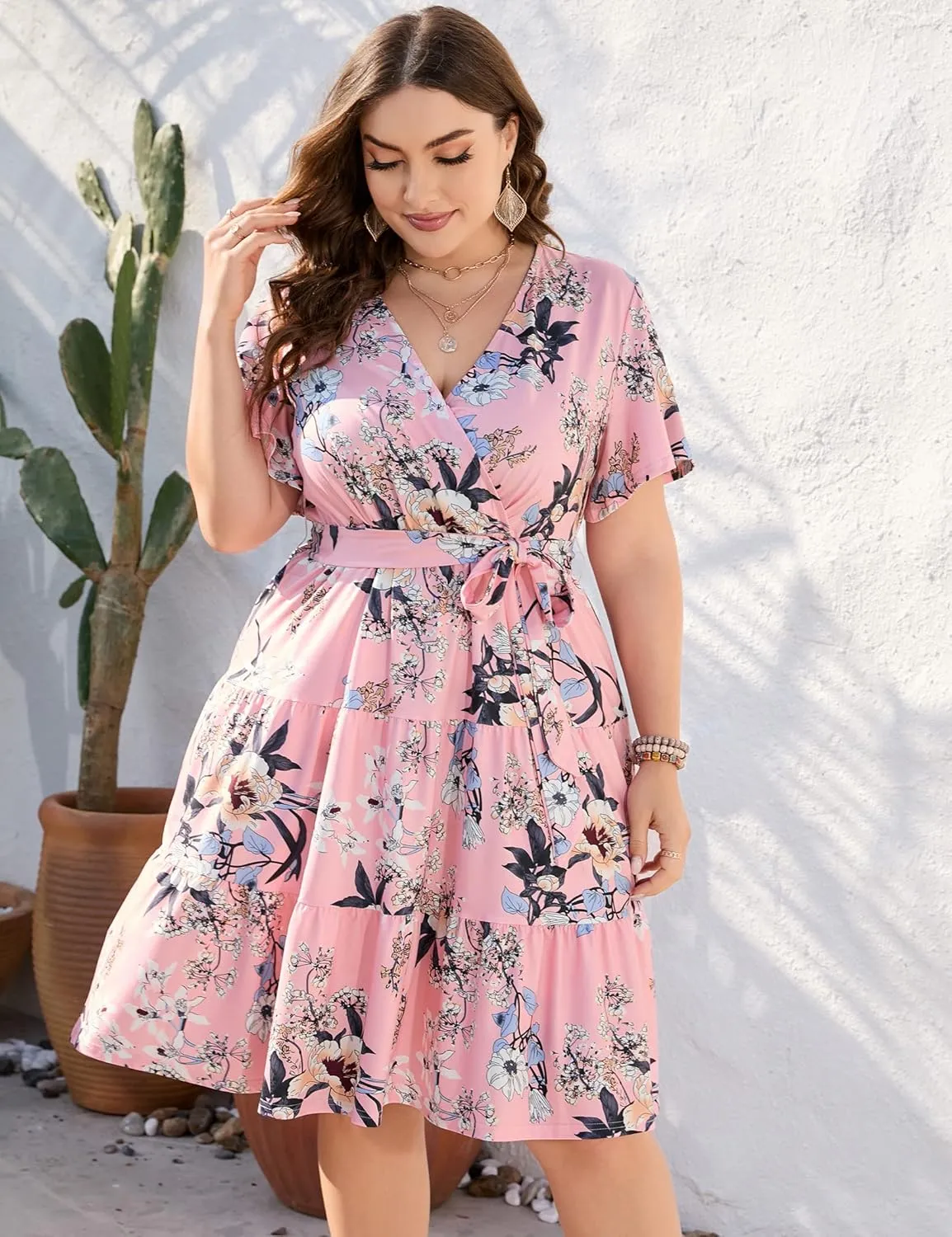 KOJOOIN Women Plus Size V Neck Wrap Dress High Waisted Short Sleeves Summer Casual Midi Dress with Belt