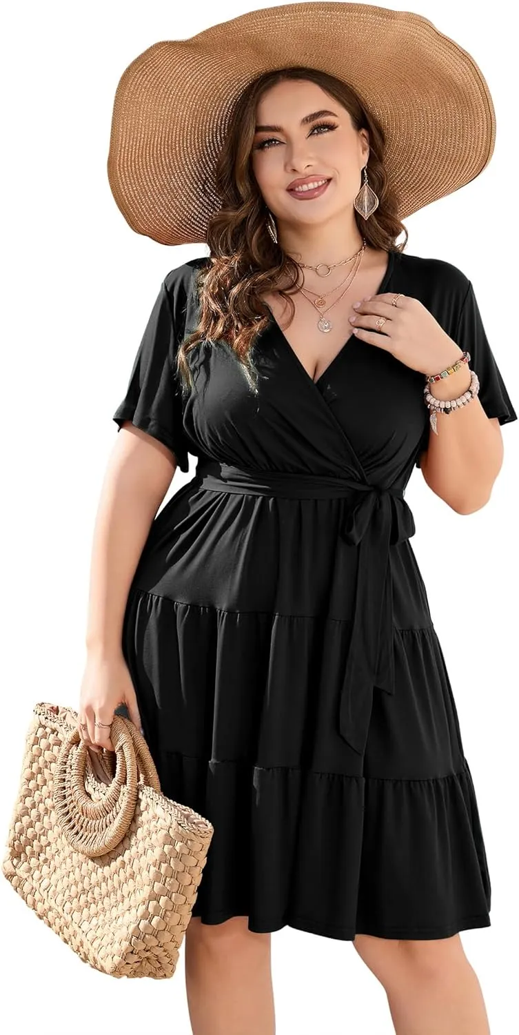 KOJOOIN Women Plus Size V Neck Wrap Dress High Waisted Short Sleeves Summer Casual Midi Dress with Belt