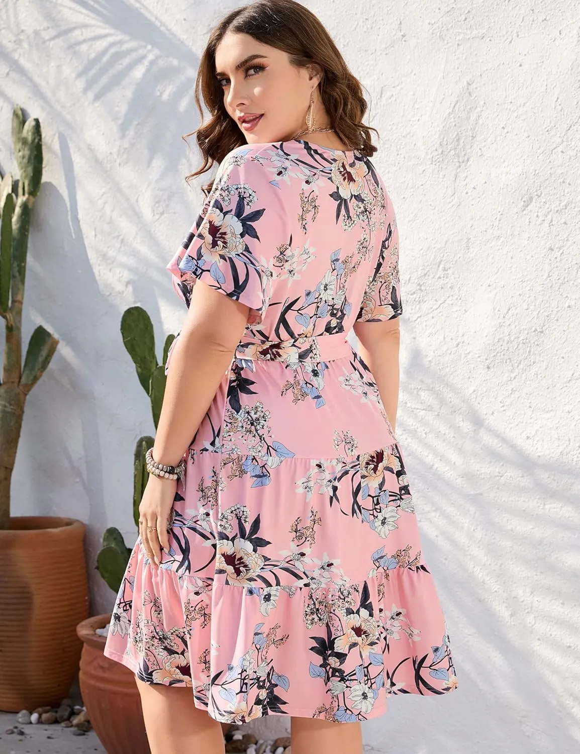 KOJOOIN Women Plus Size V Neck Wrap Dress High Waisted Short Sleeves Summer Casual Midi Dress with Belt