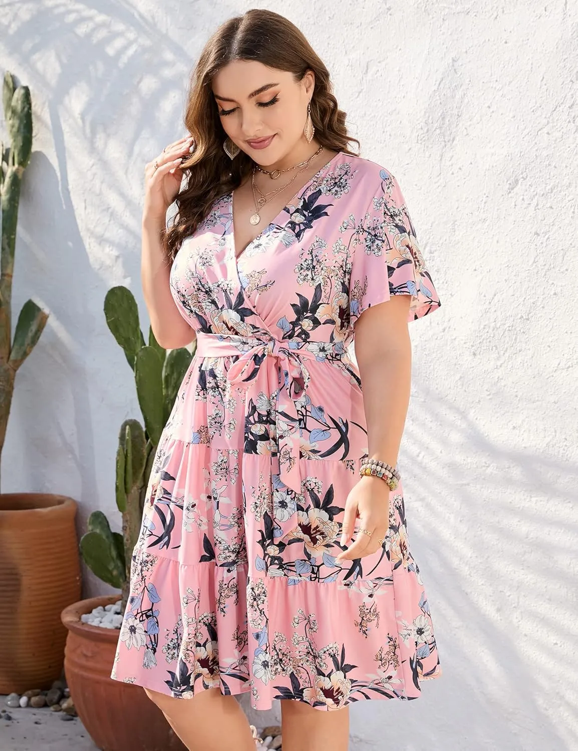 KOJOOIN Women Plus Size V Neck Wrap Dress High Waisted Short Sleeves Summer Casual Midi Dress with Belt