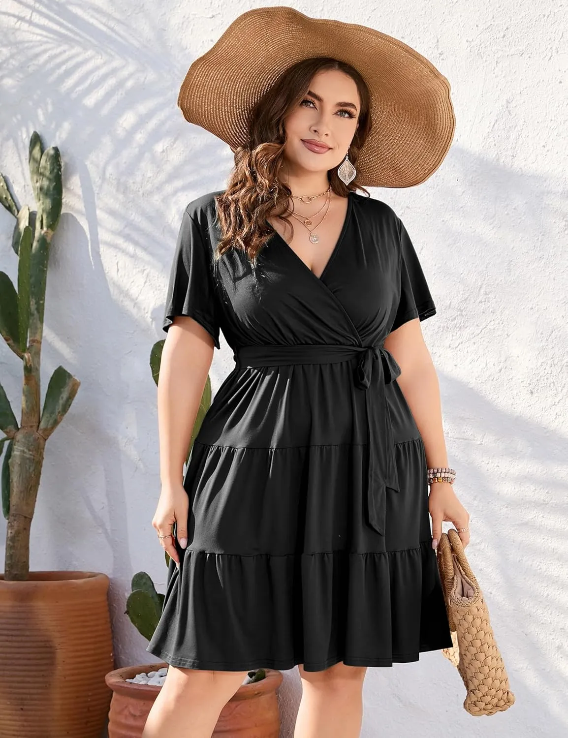 KOJOOIN Women Plus Size V Neck Wrap Dress High Waisted Short Sleeves Summer Casual Midi Dress with Belt