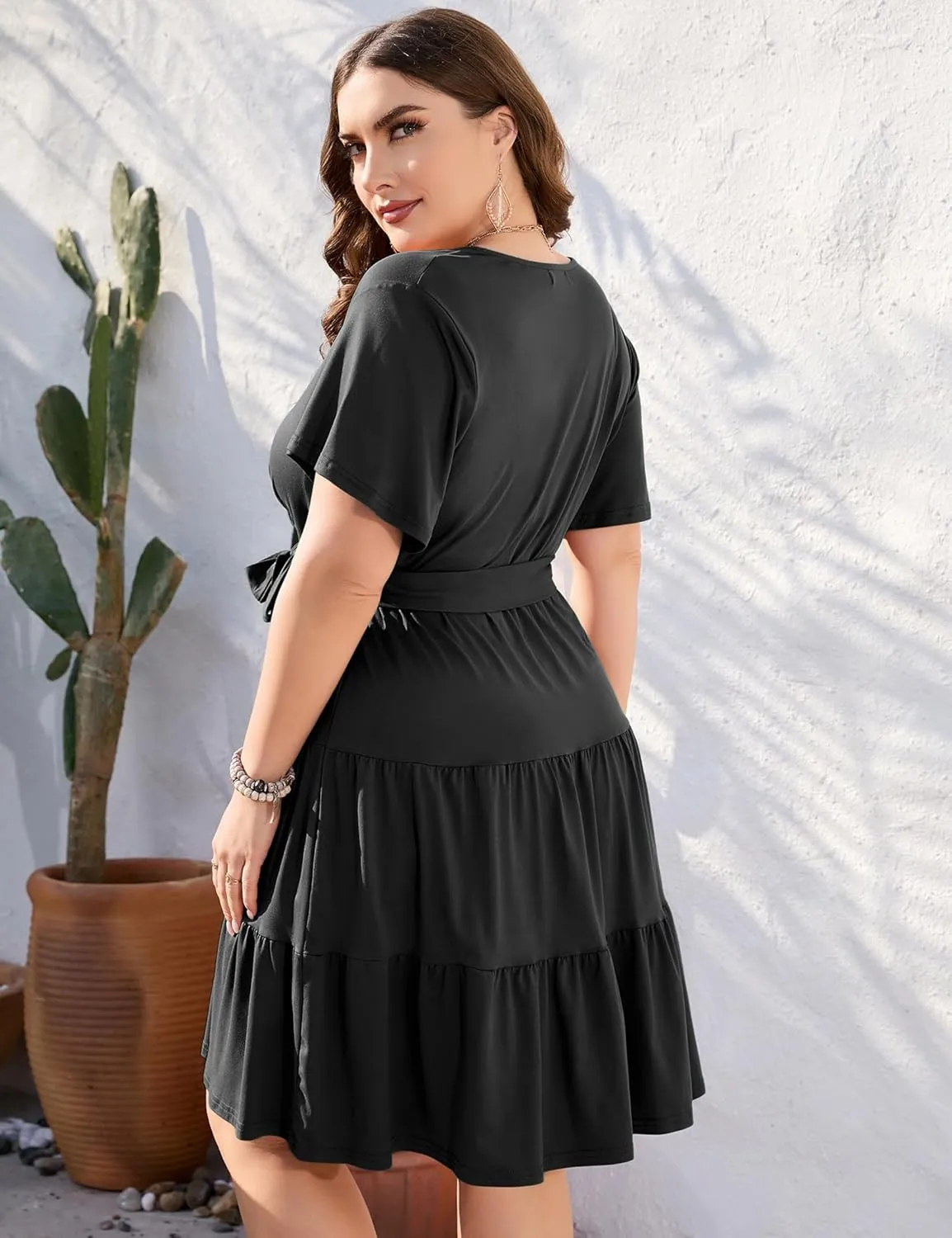 KOJOOIN Women Plus Size V Neck Wrap Dress High Waisted Short Sleeves Summer Casual Midi Dress with Belt