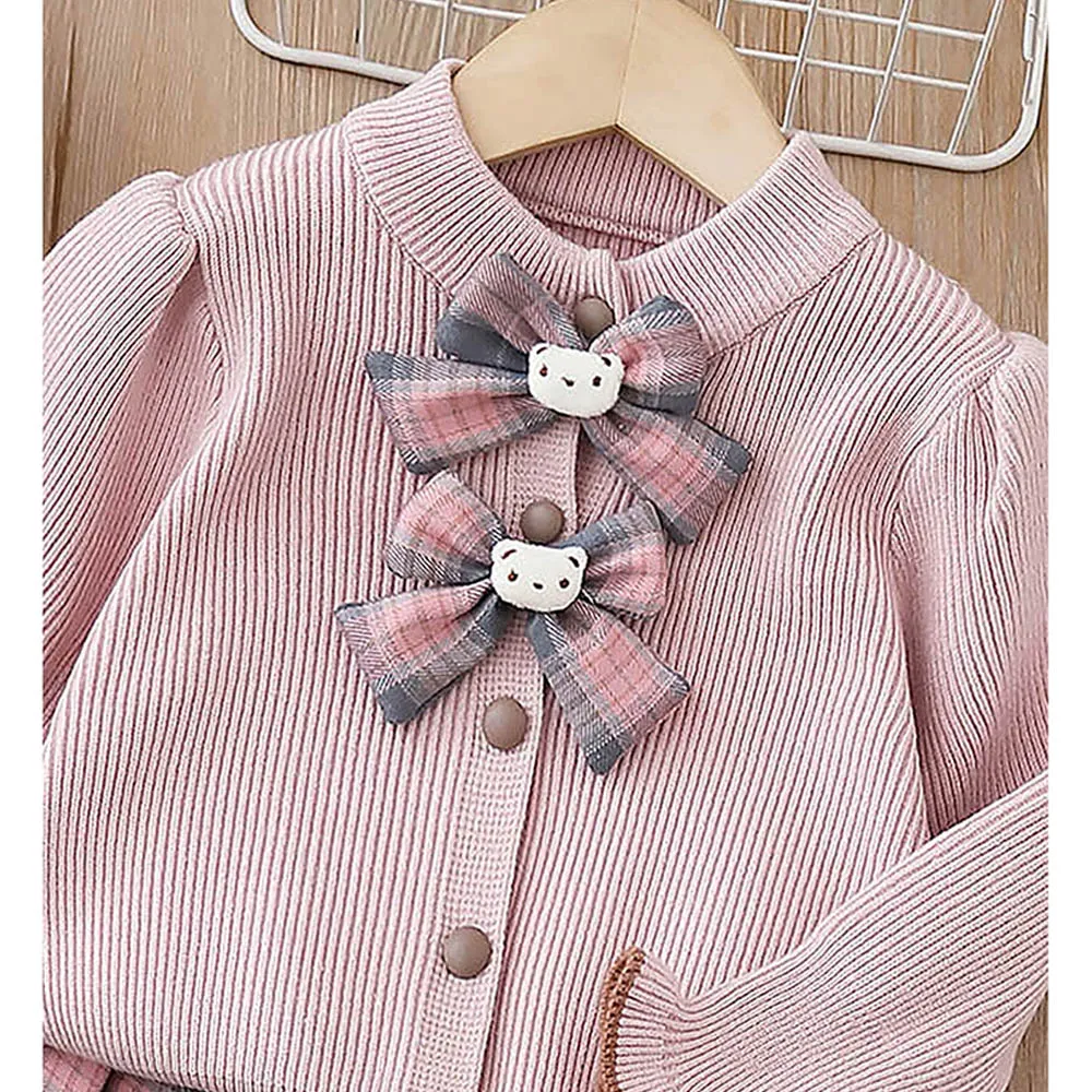 Little Surprise Box 2pcs Pink Checks Cardigan And Skirt Winterwear Set For Girls With 2 Matching Teddy Clips