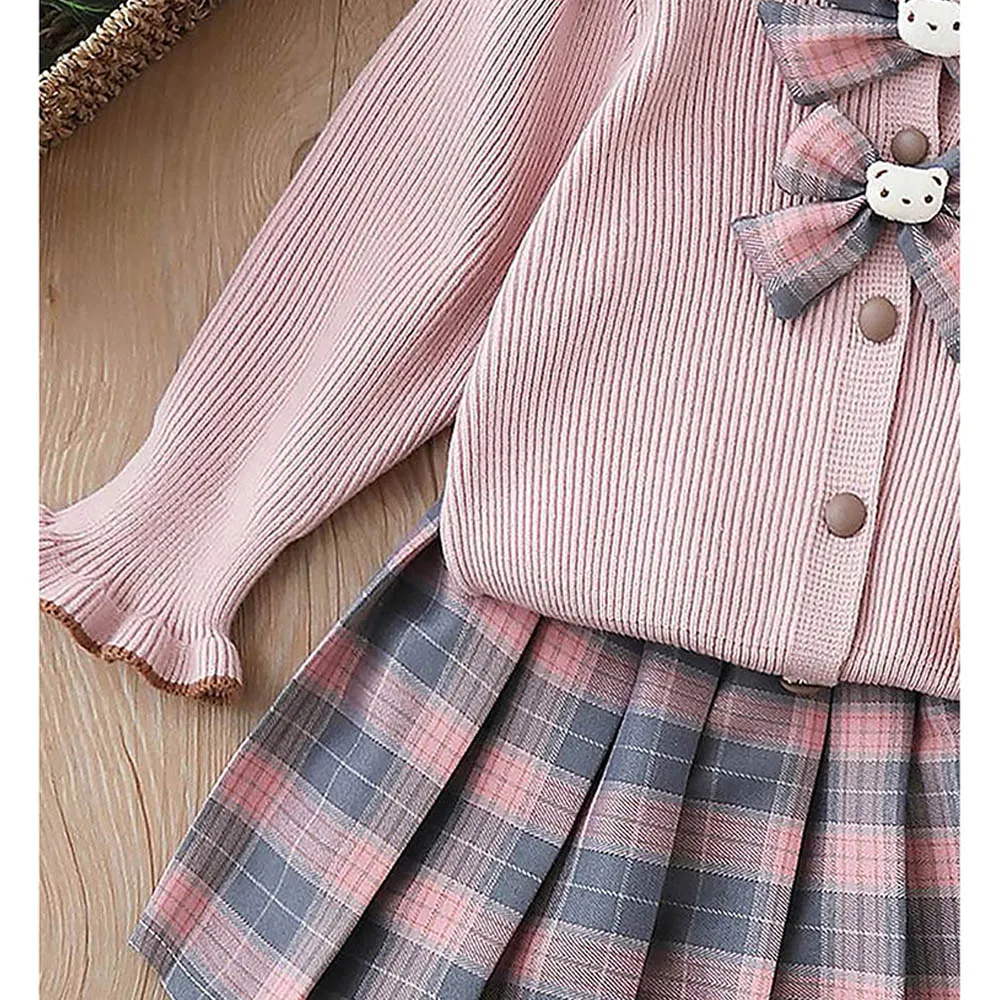 Little Surprise Box 2pcs Pink Checks Cardigan And Skirt Winterwear Set For Girls With 2 Matching Teddy Clips