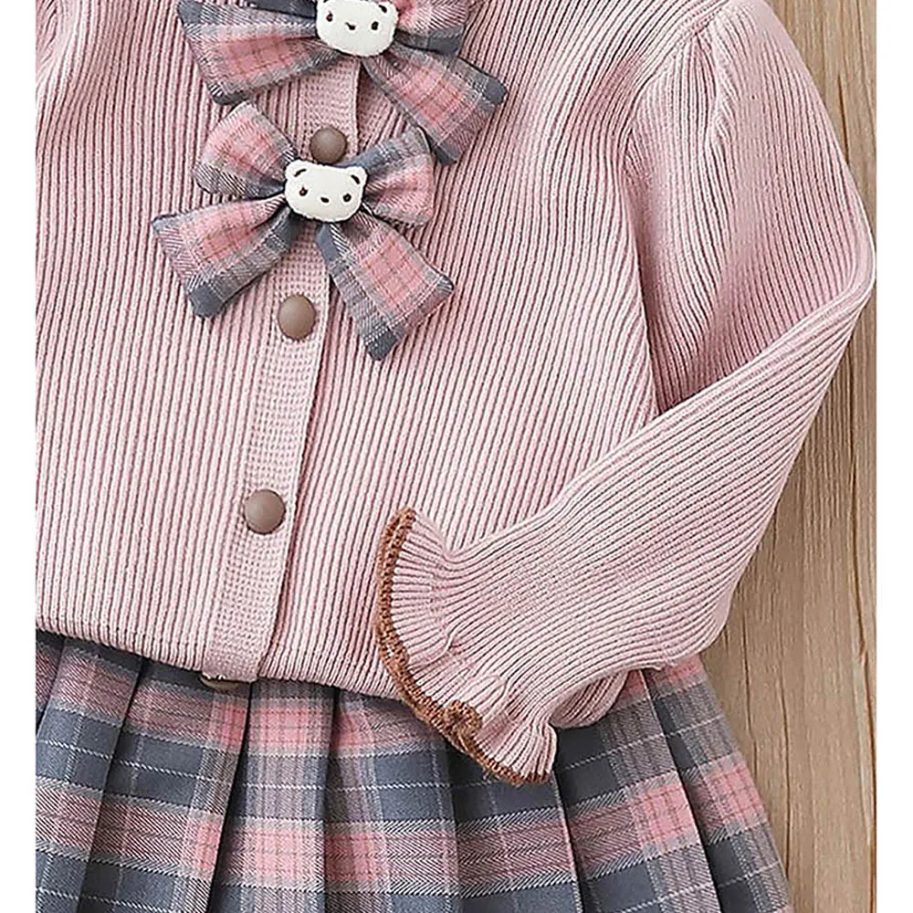 Little Surprise Box 2pcs Pink Checks Cardigan And Skirt Winterwear Set For Girls With 2 Matching Teddy Clips