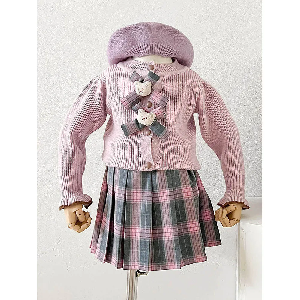Little Surprise Box 2pcs Pink Checks Cardigan And Skirt Winterwear Set For Girls With 2 Matching Teddy Clips