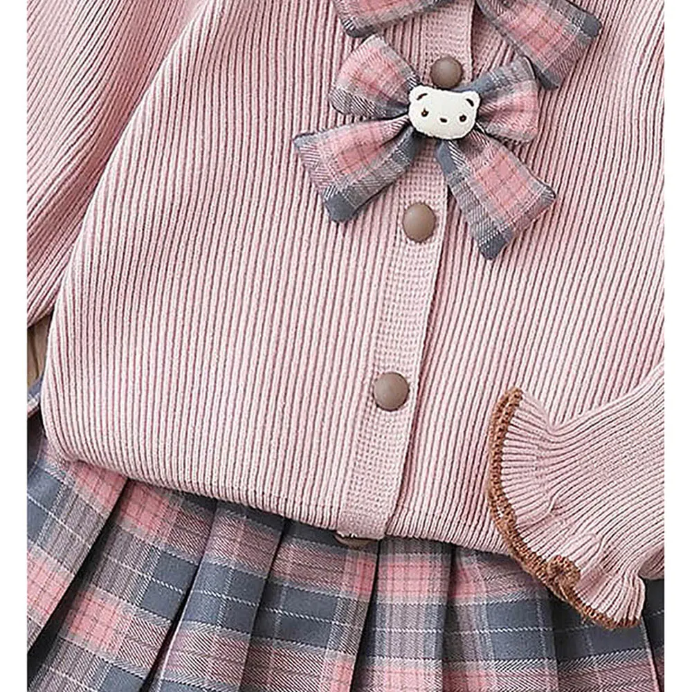 Little Surprise Box 2pcs Pink Checks Cardigan And Skirt Winterwear Set For Girls With 2 Matching Teddy Clips