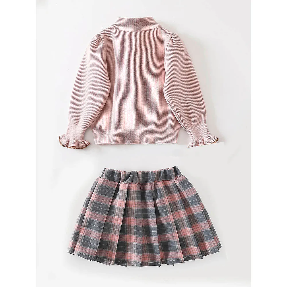 Little Surprise Box 2pcs Pink Checks Cardigan And Skirt Winterwear Set For Girls With 2 Matching Teddy Clips