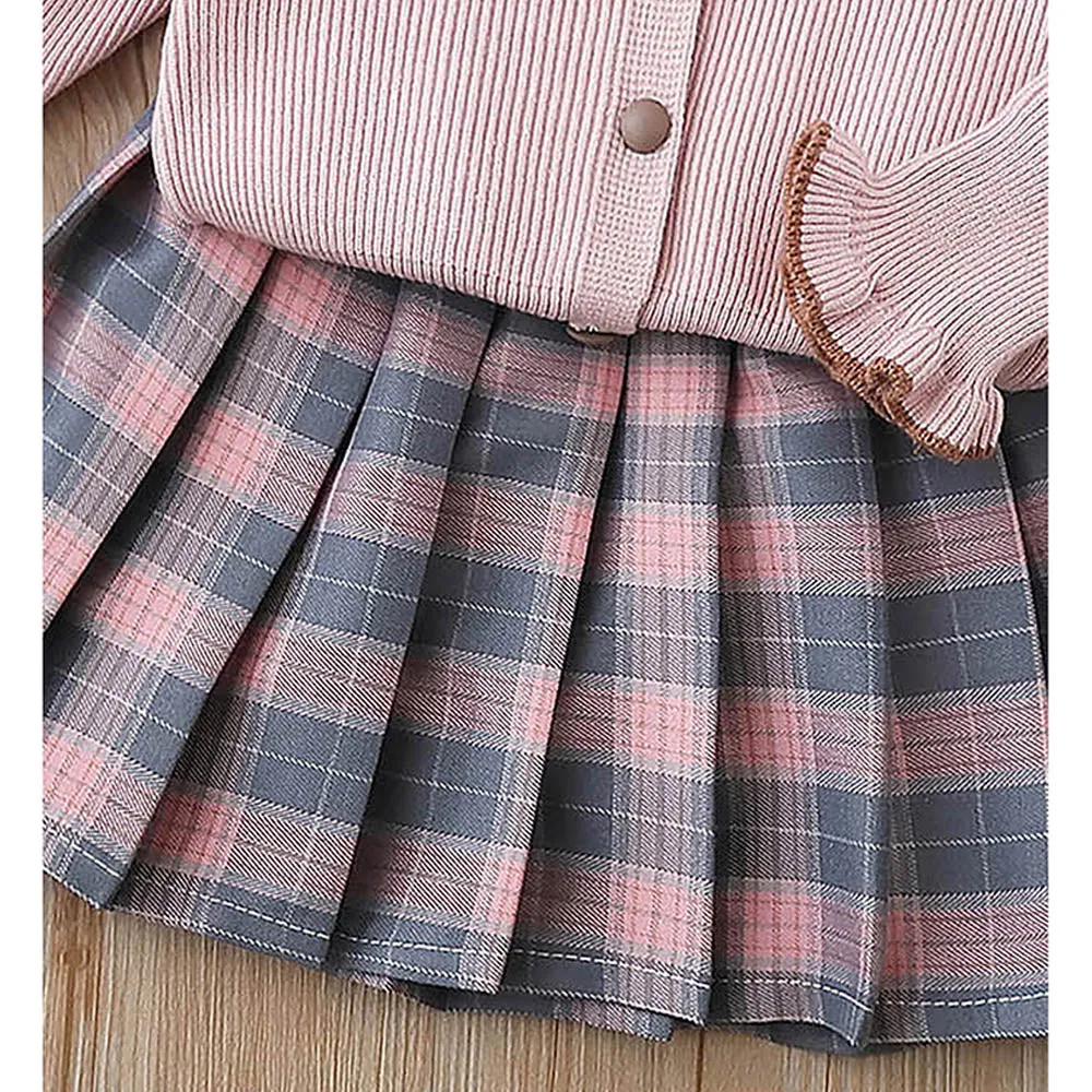 Little Surprise Box 2pcs Pink Checks Cardigan And Skirt Winterwear Set For Girls With 2 Matching Teddy Clips