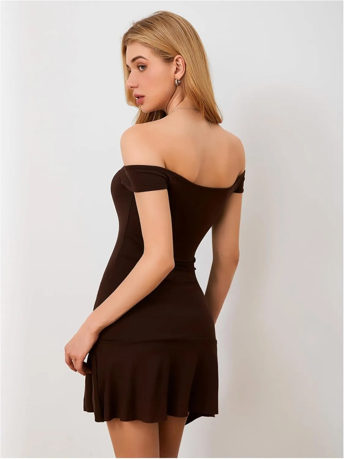 MakeMeChic Women's Off Shoulder Short Sleeve Dress Y2K A Line Ruffle Hem Belted Short Dress