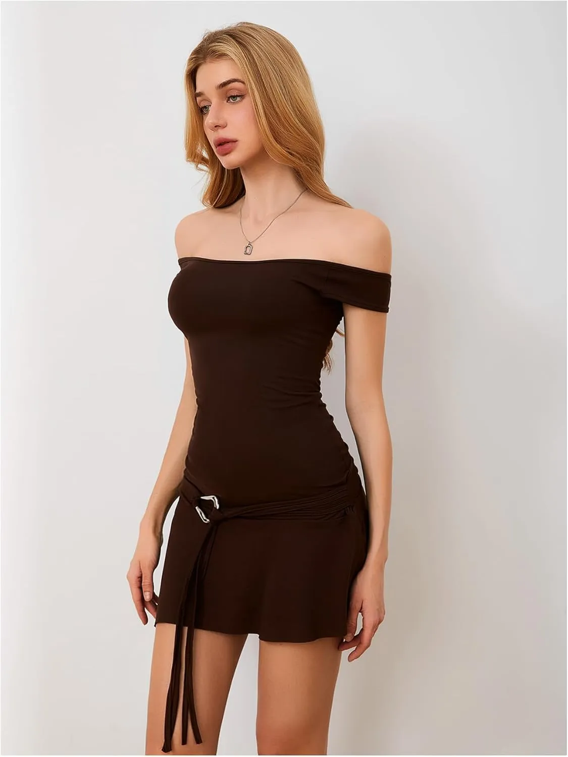 MakeMeChic Women's Off Shoulder Short Sleeve Dress Y2K A Line Ruffle Hem Belted Short Dress