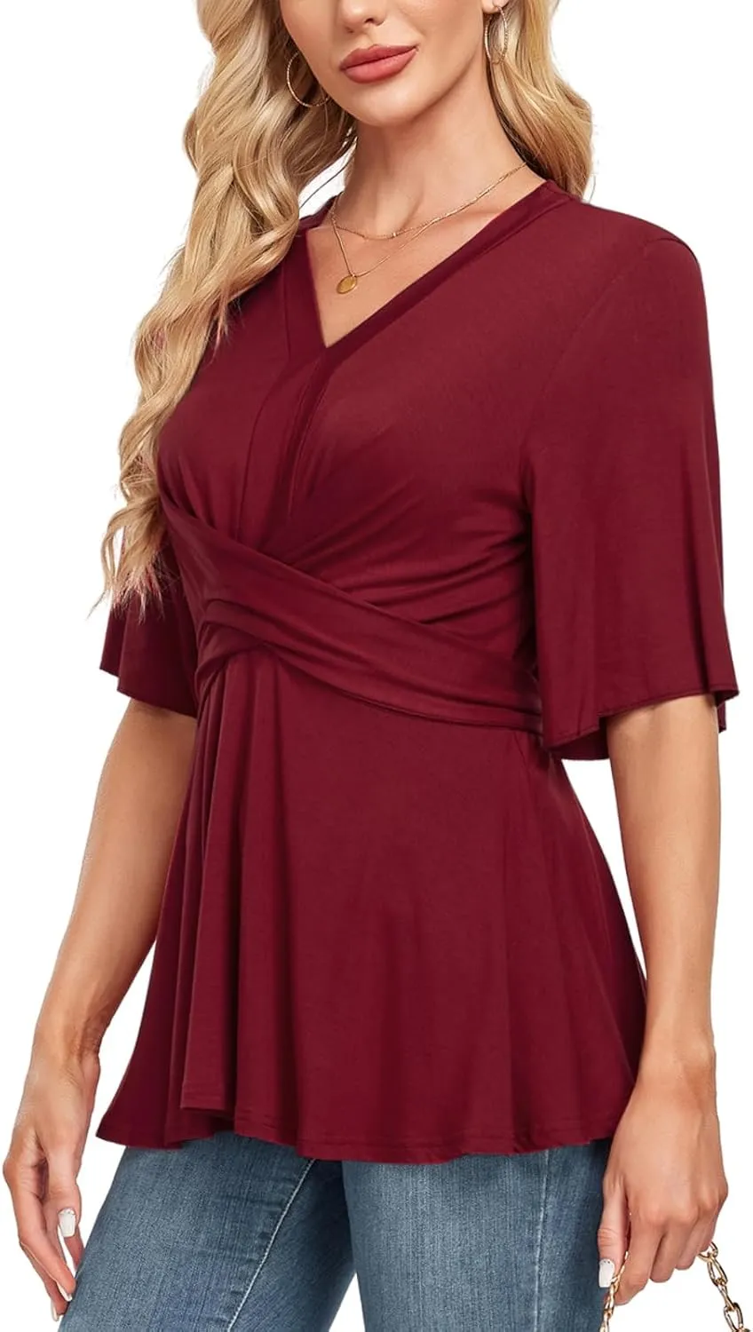 MINTLIMIT Womens Peplum Tops 2025 V Neck Ruffle Short Sleeve Tie Back Elegant Blouse Dressy Casual Work Shirts