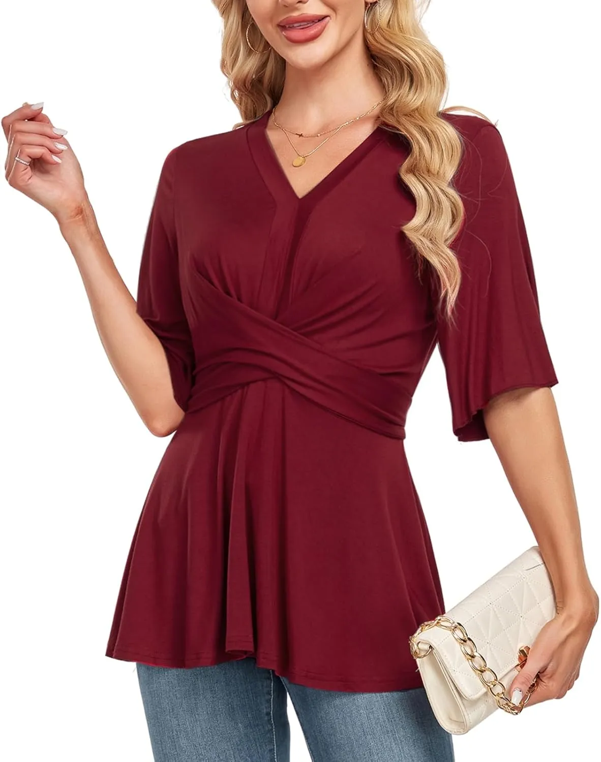 MINTLIMIT Womens Peplum Tops 2025 V Neck Ruffle Short Sleeve Tie Back Elegant Blouse Dressy Casual Work Shirts