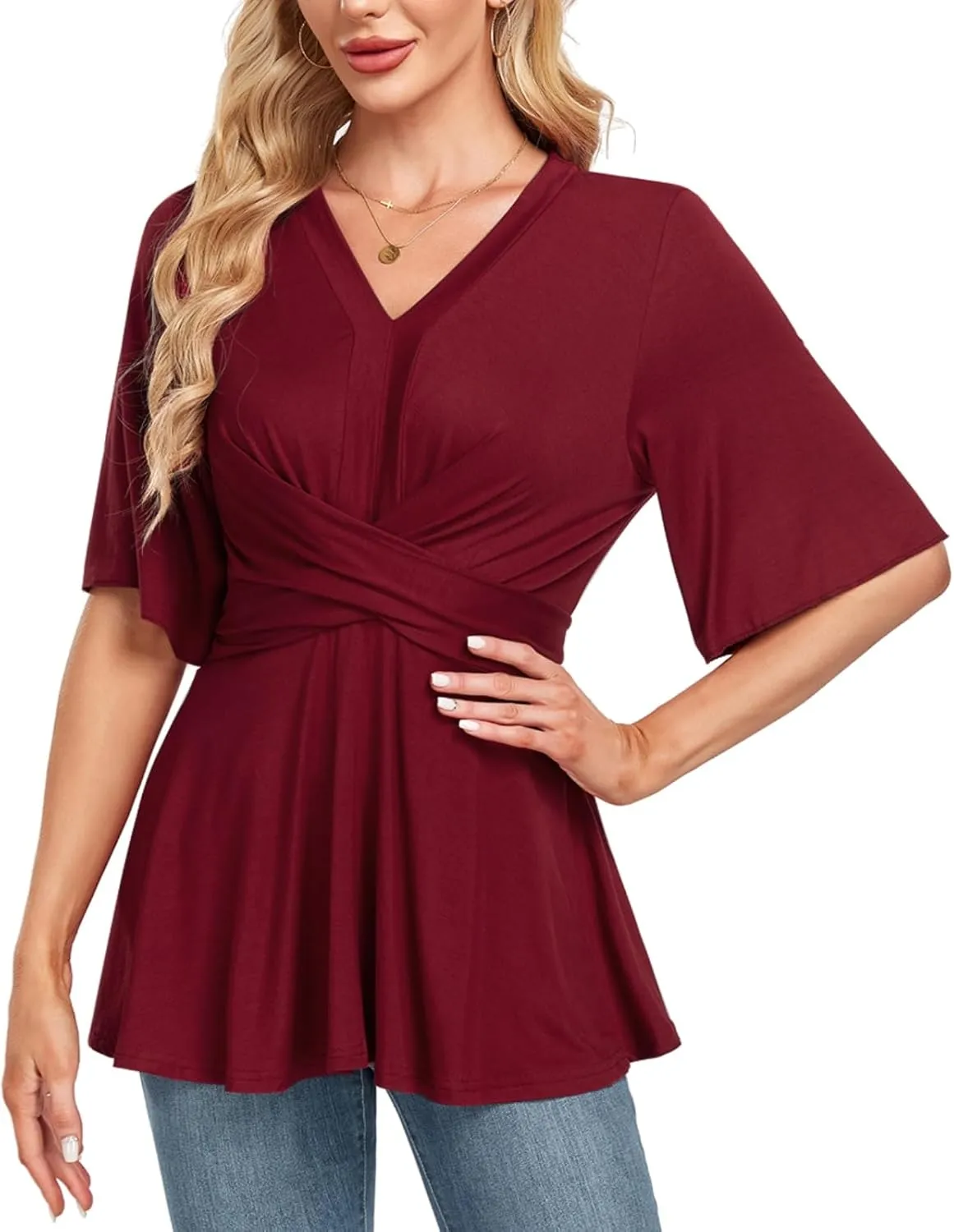 MINTLIMIT Womens Peplum Tops 2025 V Neck Ruffle Short Sleeve Tie Back Elegant Blouse Dressy Casual Work Shirts
