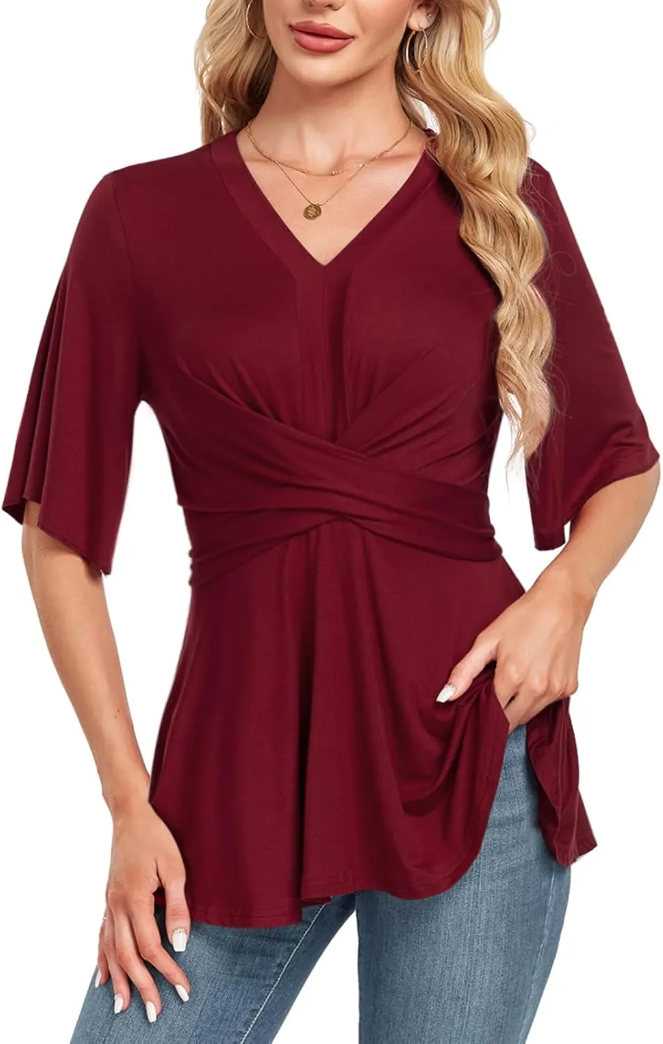 MINTLIMIT Womens Peplum Tops 2025 V Neck Ruffle Short Sleeve Tie Back Elegant Blouse Dressy Casual Work Shirts