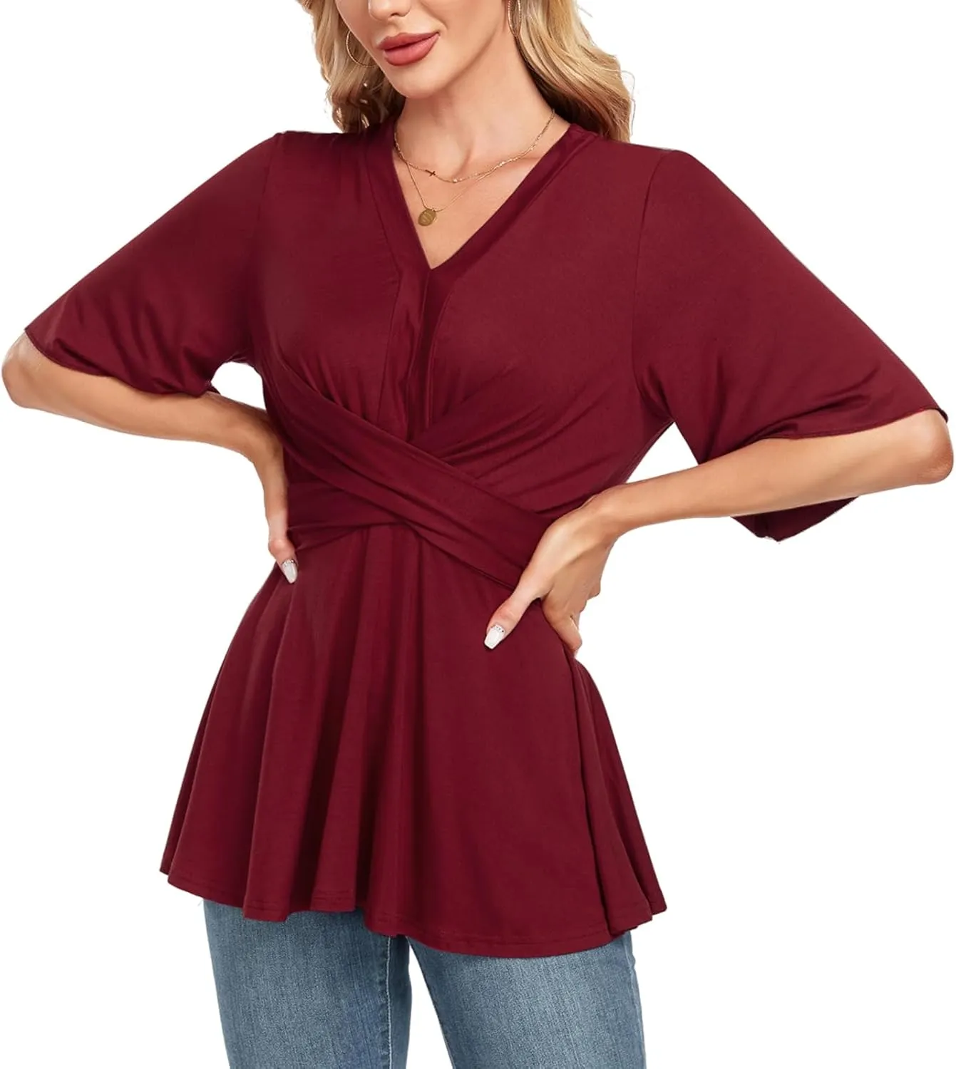 MINTLIMIT Womens Peplum Tops 2025 V Neck Ruffle Short Sleeve Tie Back Elegant Blouse Dressy Casual Work Shirts